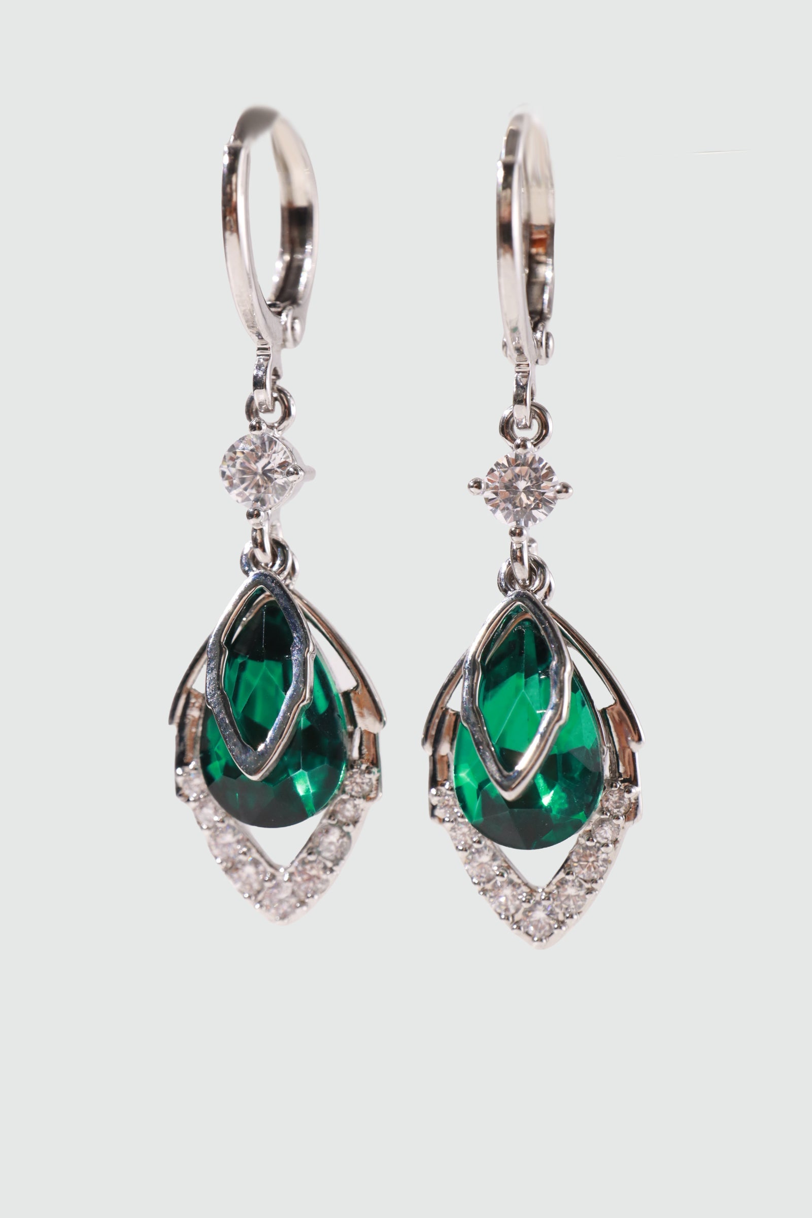 Palladium White Gold Plated Green Gem Droplet Earrings