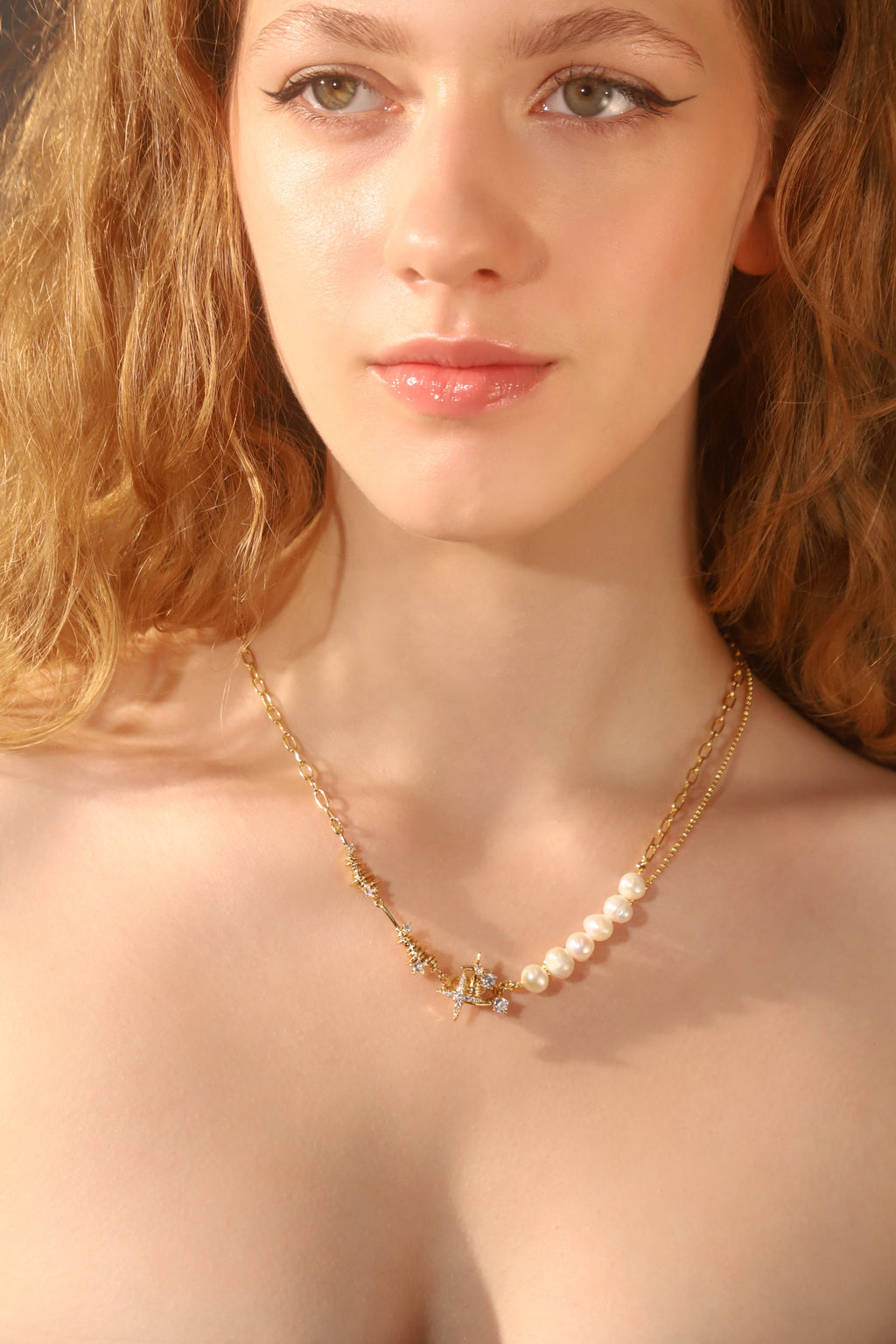 18K Real Gold Plated Diamond Saturn Star Pearls Necklace
