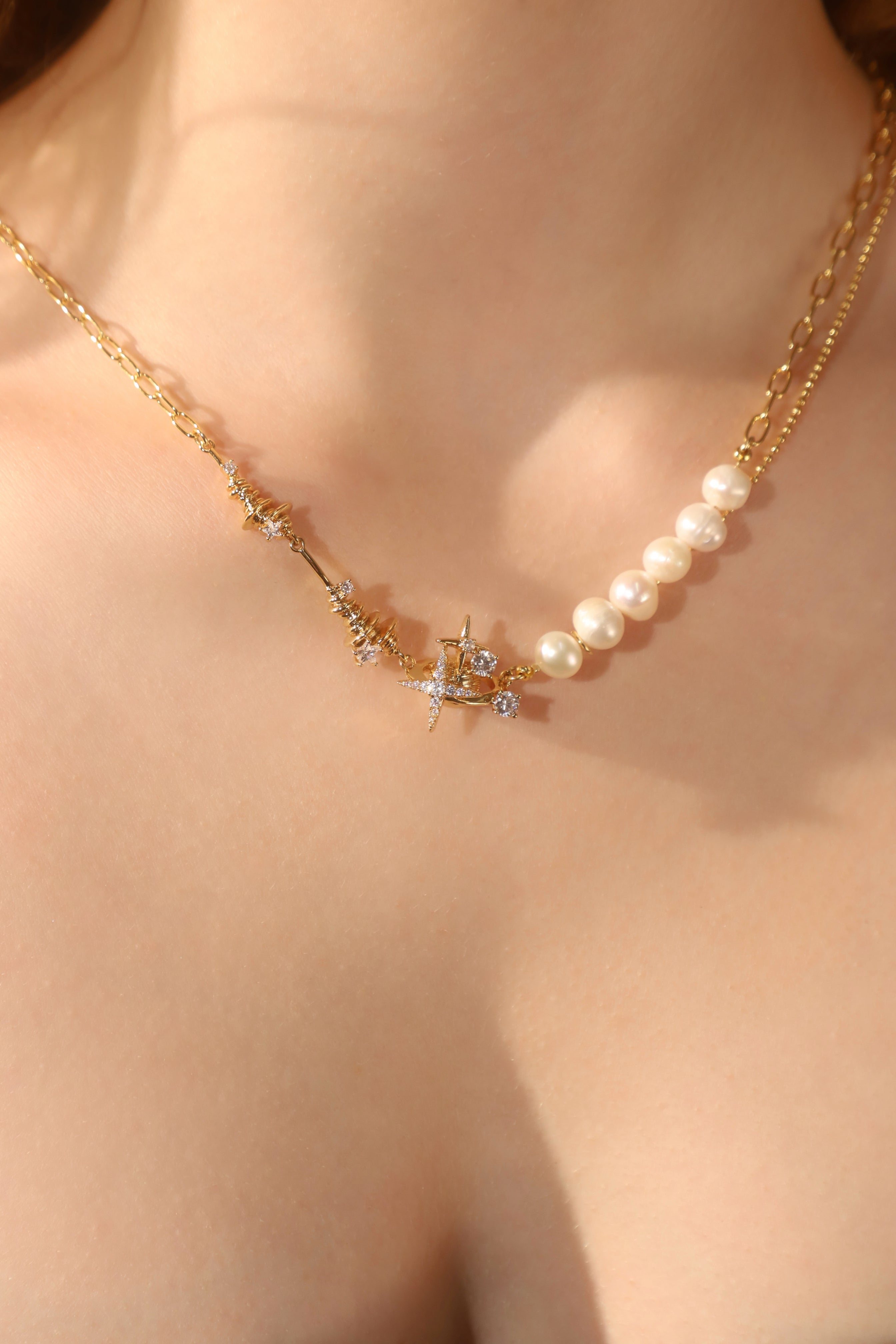 18K Real Gold Plated Diamond Saturn Star Pearls Necklace