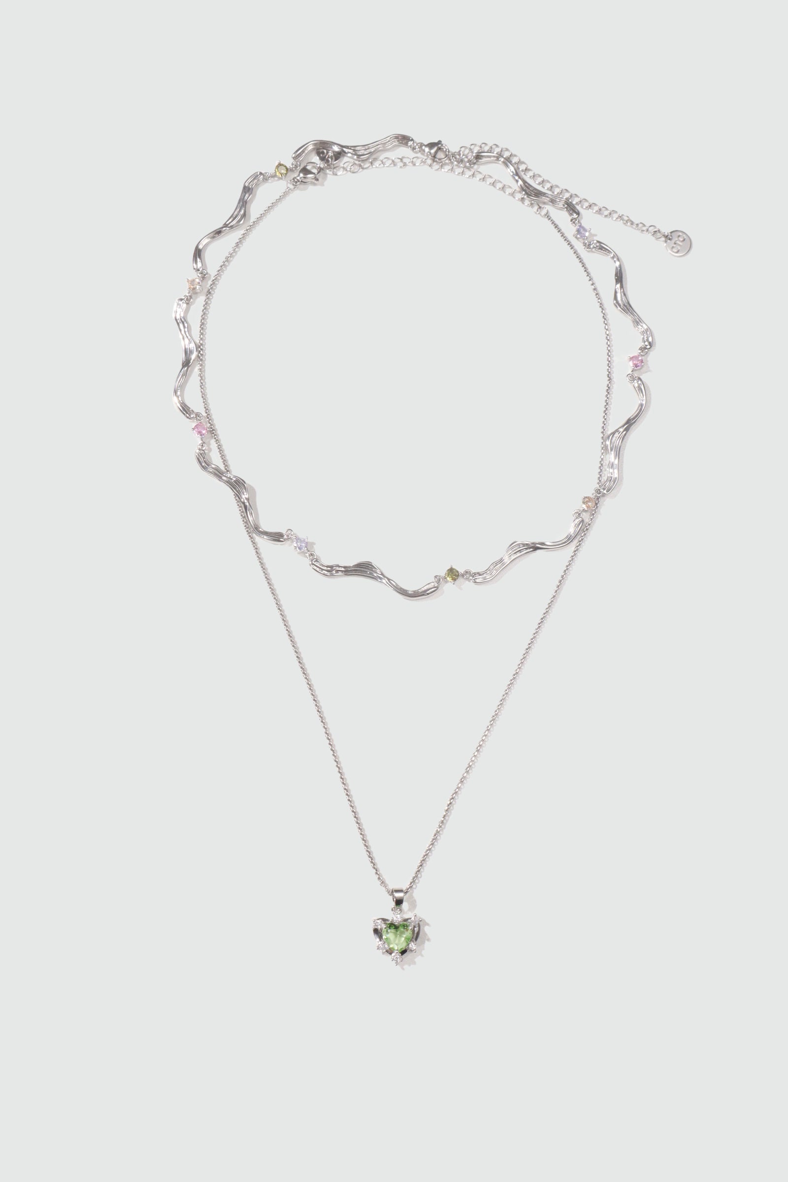 Palladium White Gold Plated Diamond Green Gem Heart Necklace