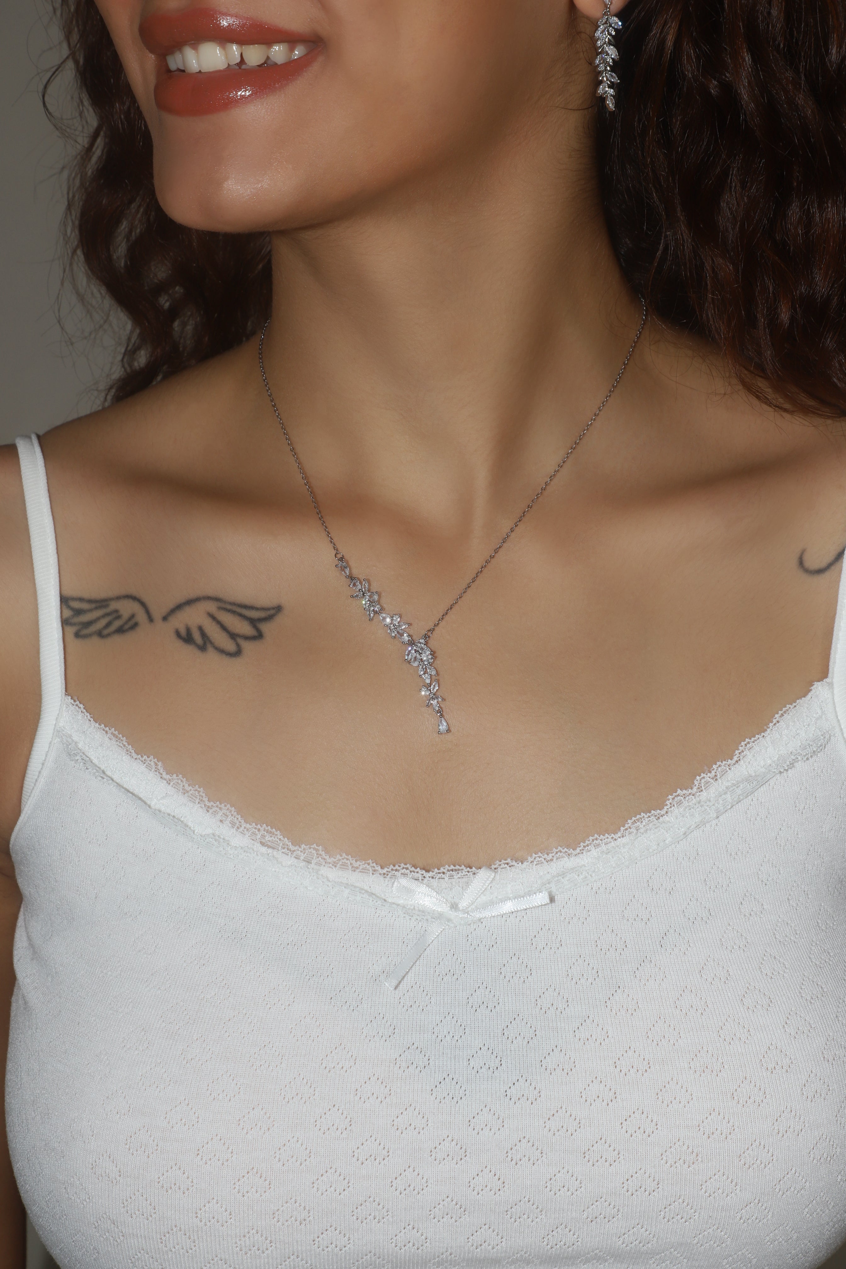 Palladium White Gold Plated Diamond Leaf Necklace