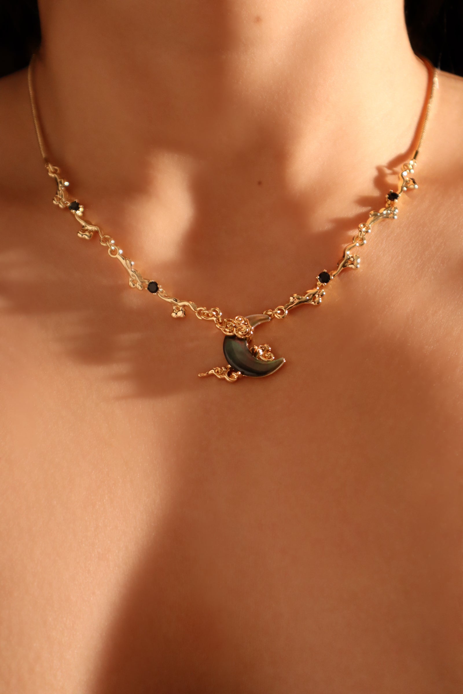 18K Real Gold Plated Black Shell Moon Necklace