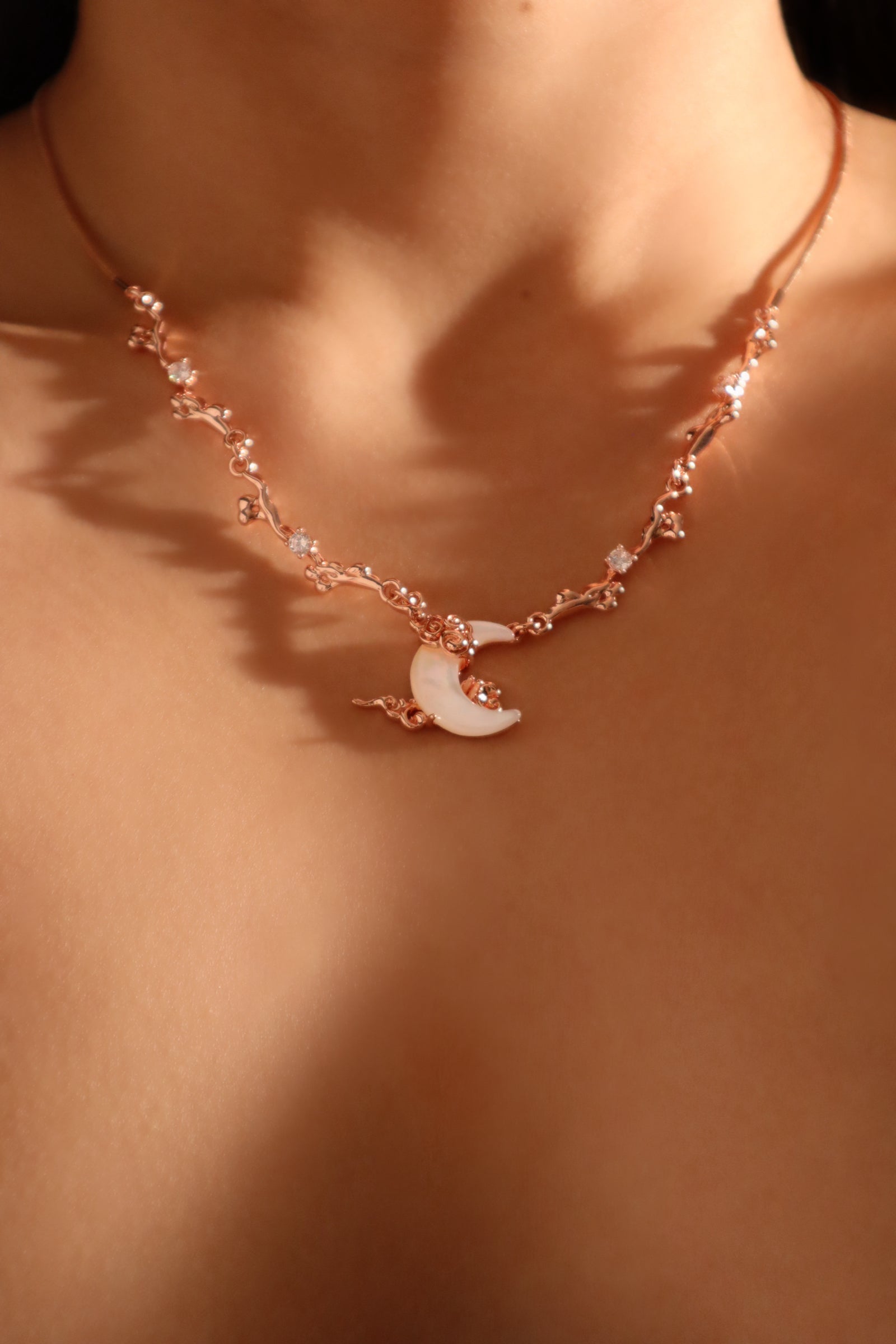 18K Rose Gold Plated Diamonds Natural Shell Moon Necklace