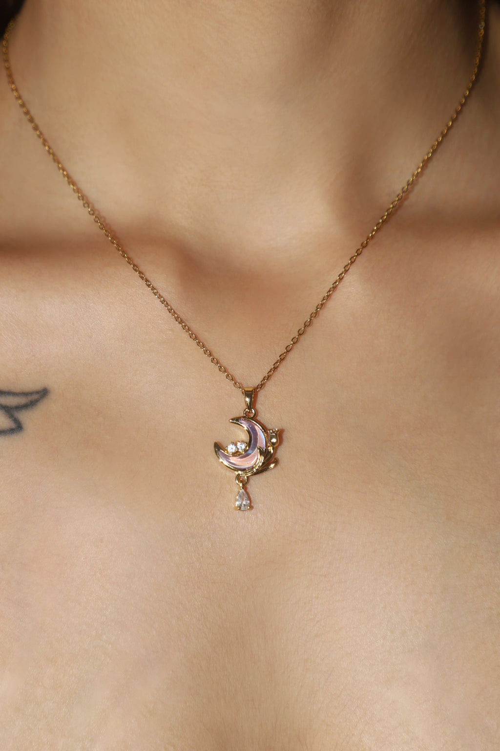 18K Real Gold Plated Moonstone Rose Moon Necklace