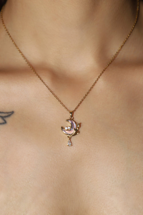 18K Real Gold Plated Moonstone Rose Moon Necklace
