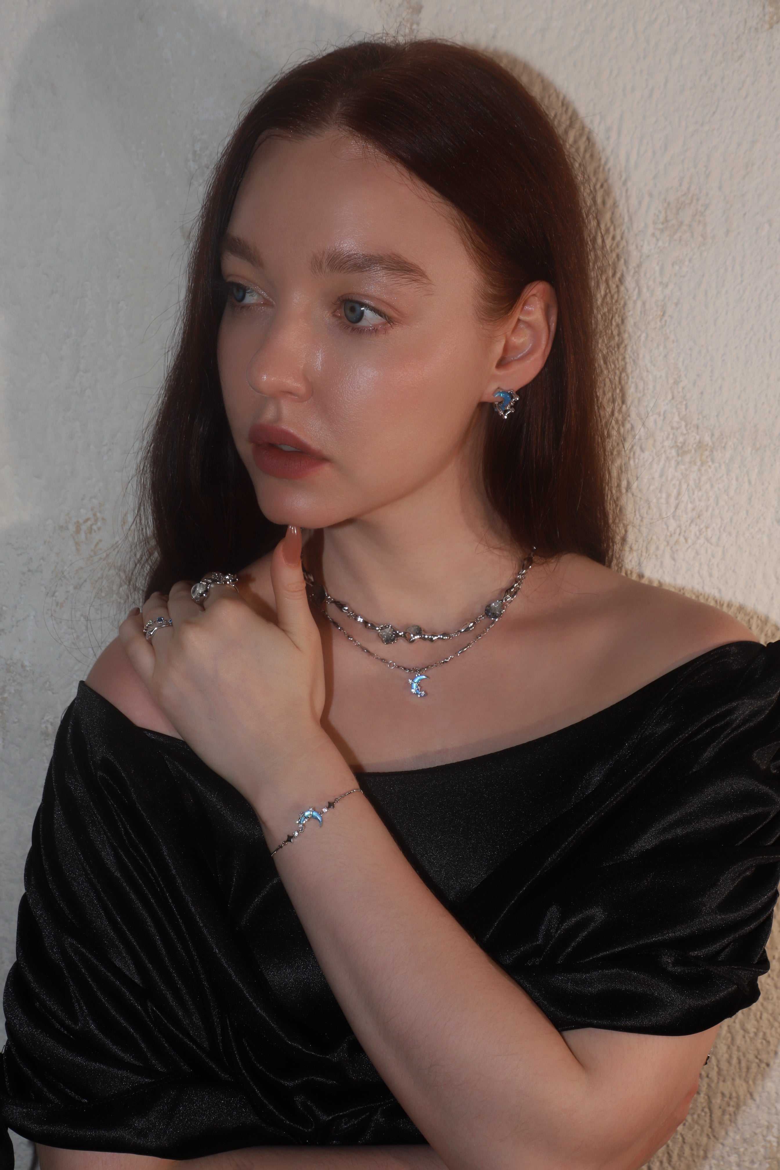 Palladium White Gold Plated Moonstone Moon Star Necklace