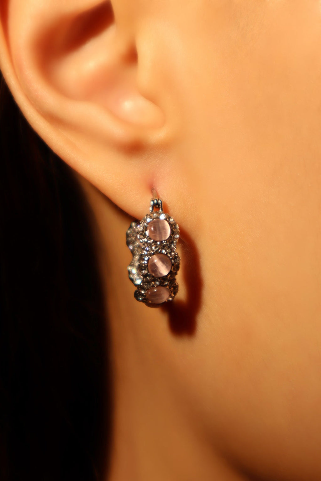 Palladium White Gold Plated Pink Opal Hoop Earrings