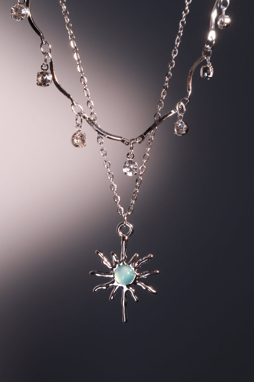 Palladium White Gold Plated Pole Star Wave Layer Necklace