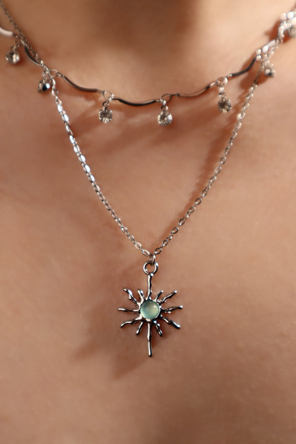 Palladium White Gold Plated Pole Star Wave Layer Necklace