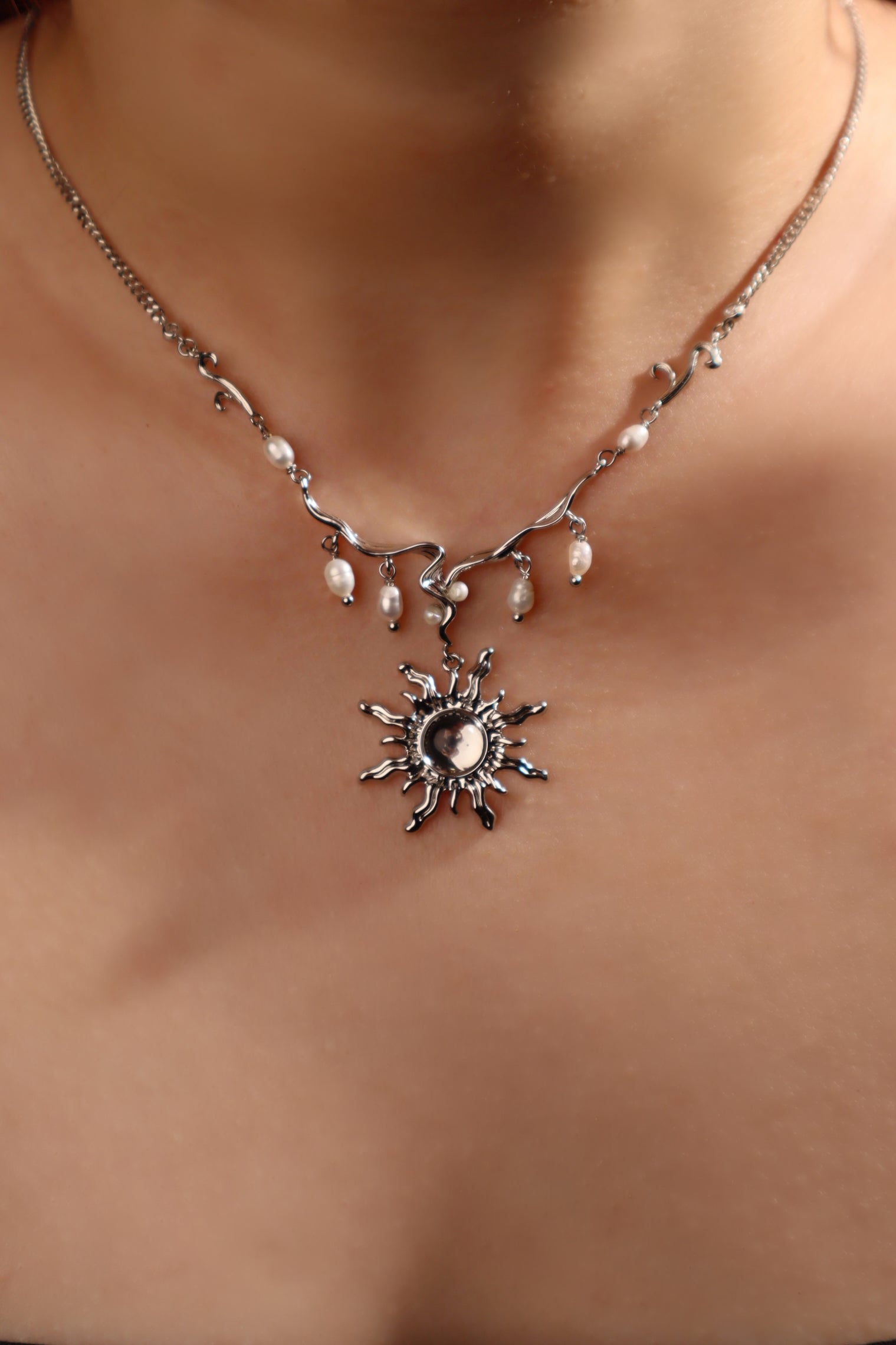 Palladium White Gold Plated White Opal Sun Pearls Necklace