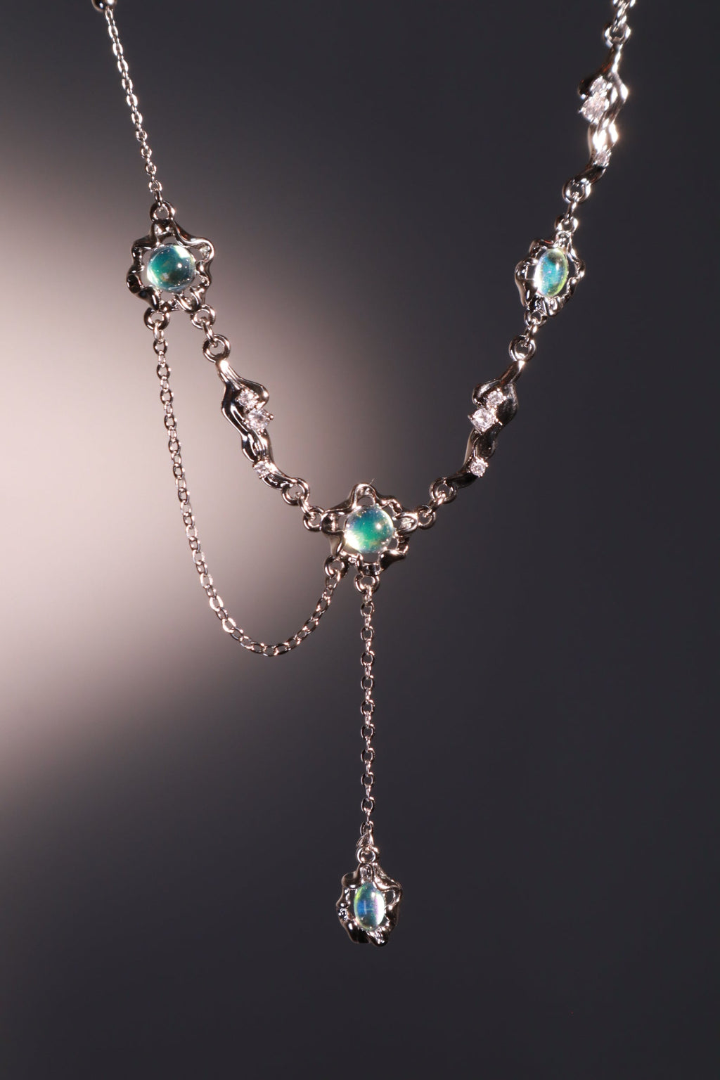 Palladium White Gold Plated Multi Opal Dangle Necklace