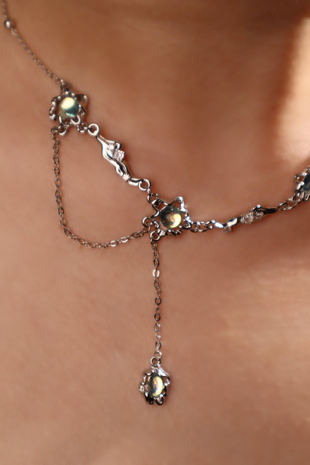 Palladium White Gold Plated Multi Opal Dangle Necklace