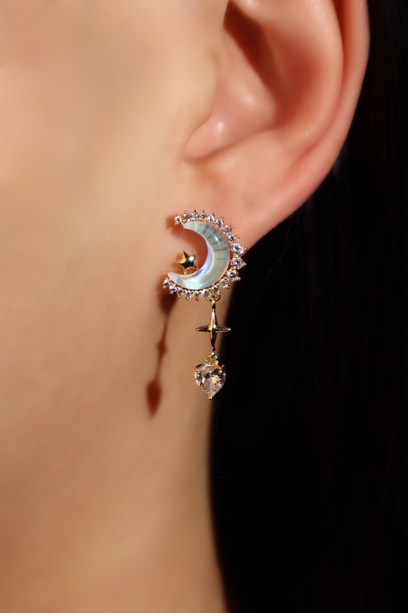 14K Real Gold Plated Moonstones Moon Heart Earrings