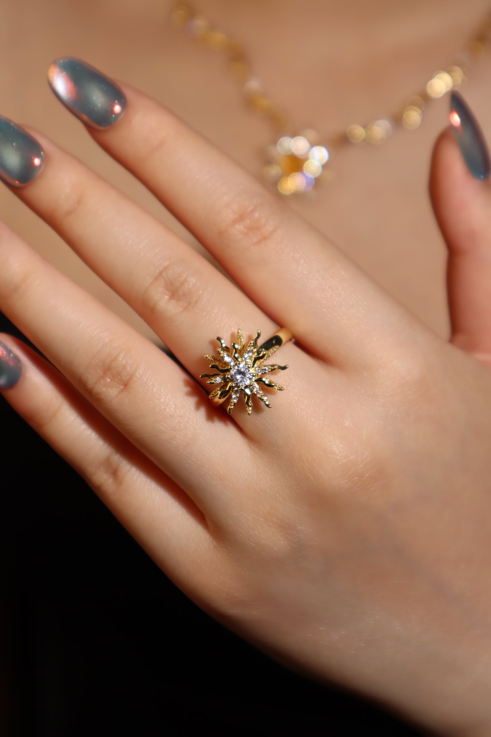 18K Gold Stainless Steel Spinning Diamond Sun Ring