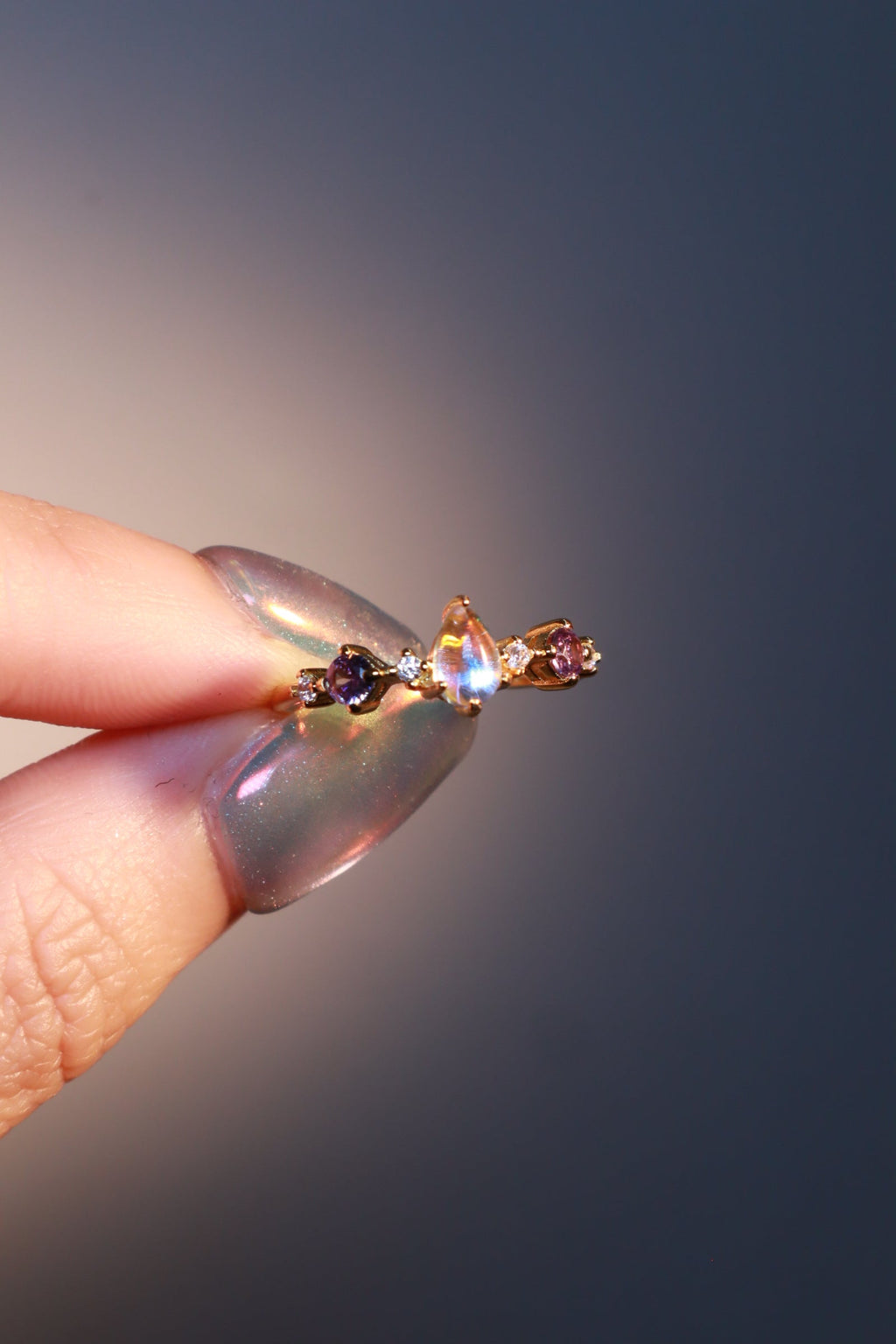 14K Real Gold Plated Gradient Purple Water Drop Ring