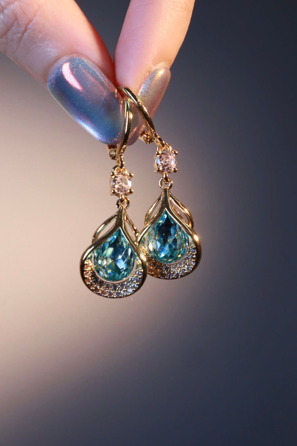 14K Real Gold Plated Blue Gem Sector Droplet Earrings
