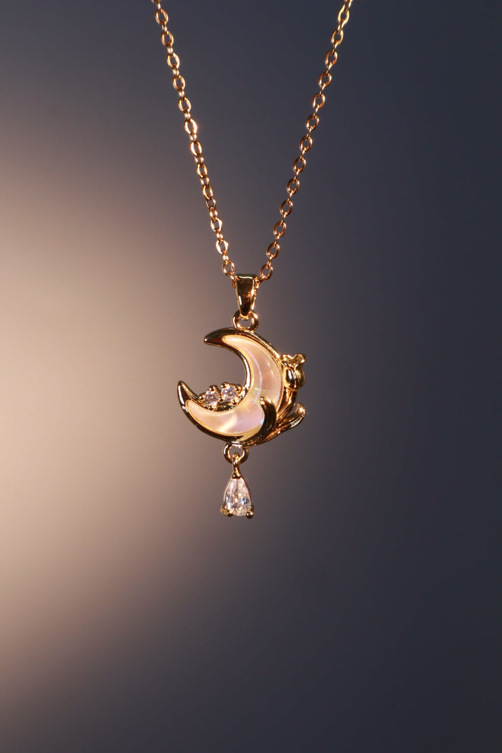 18K Real Gold Plated White Rose Moon Necklace