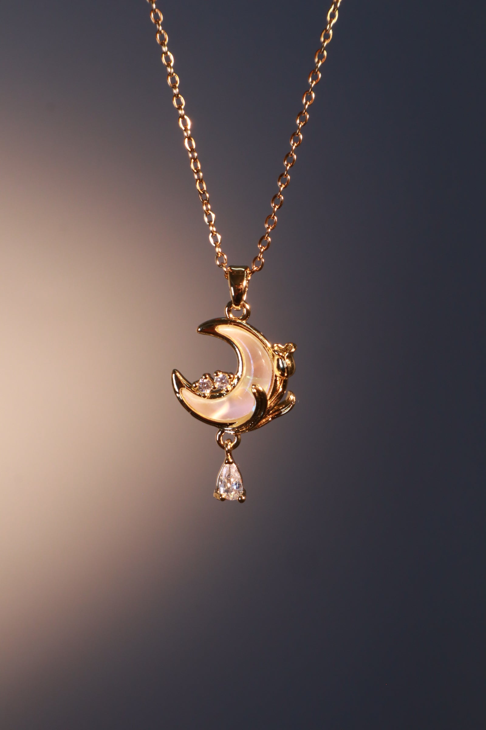 18K Real Gold Plated White Rose Moon Necklace