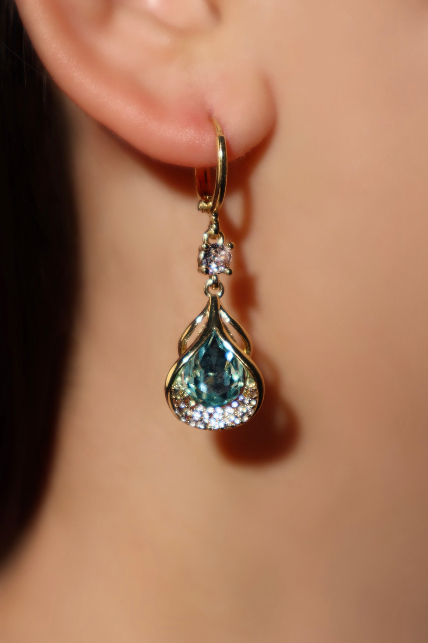 14K Real Gold Plated Blue Gem Sector Droplet Earrings