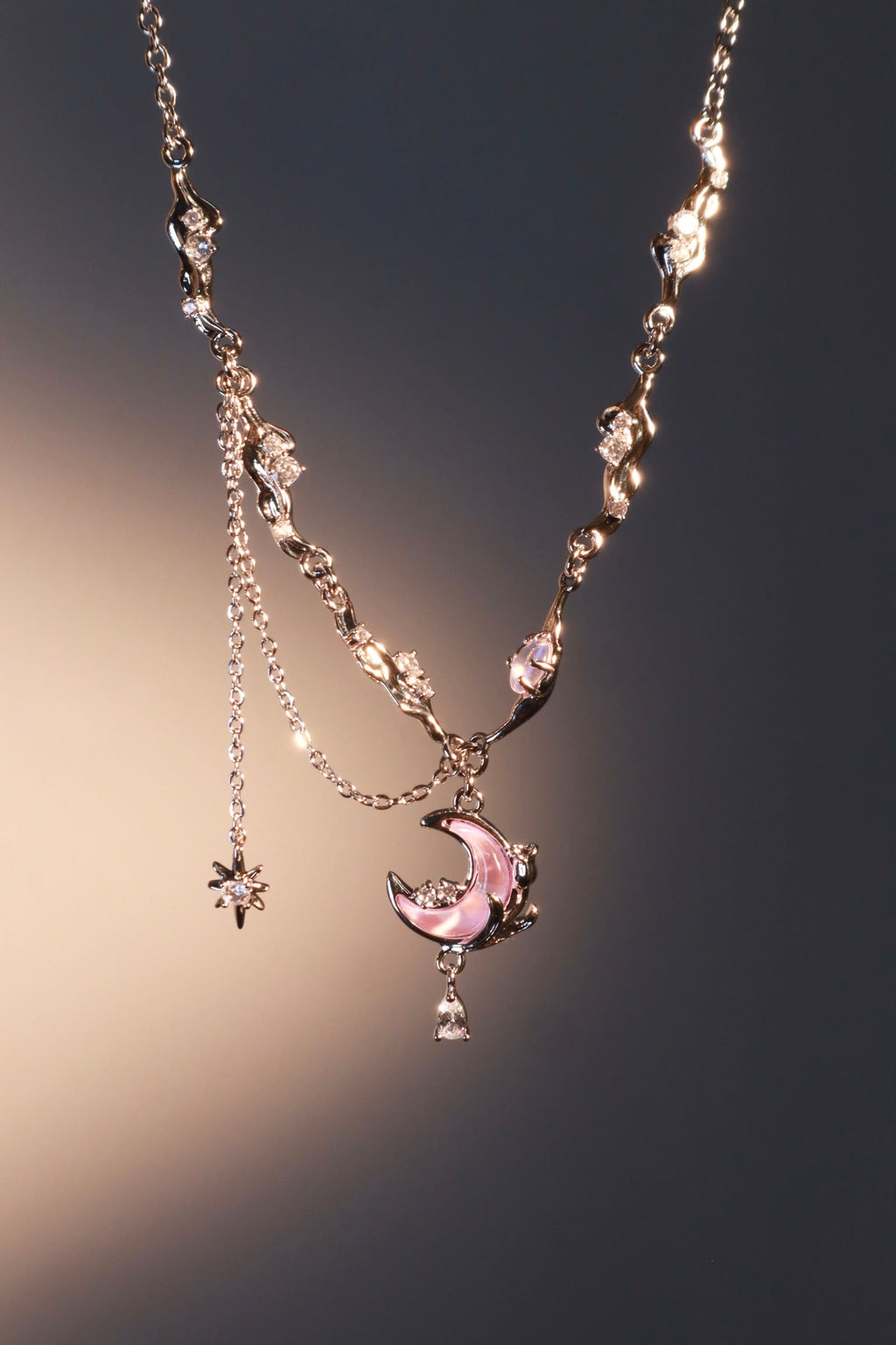 Palladium White Gold Plated Sparkle Rose Moon Necklace
