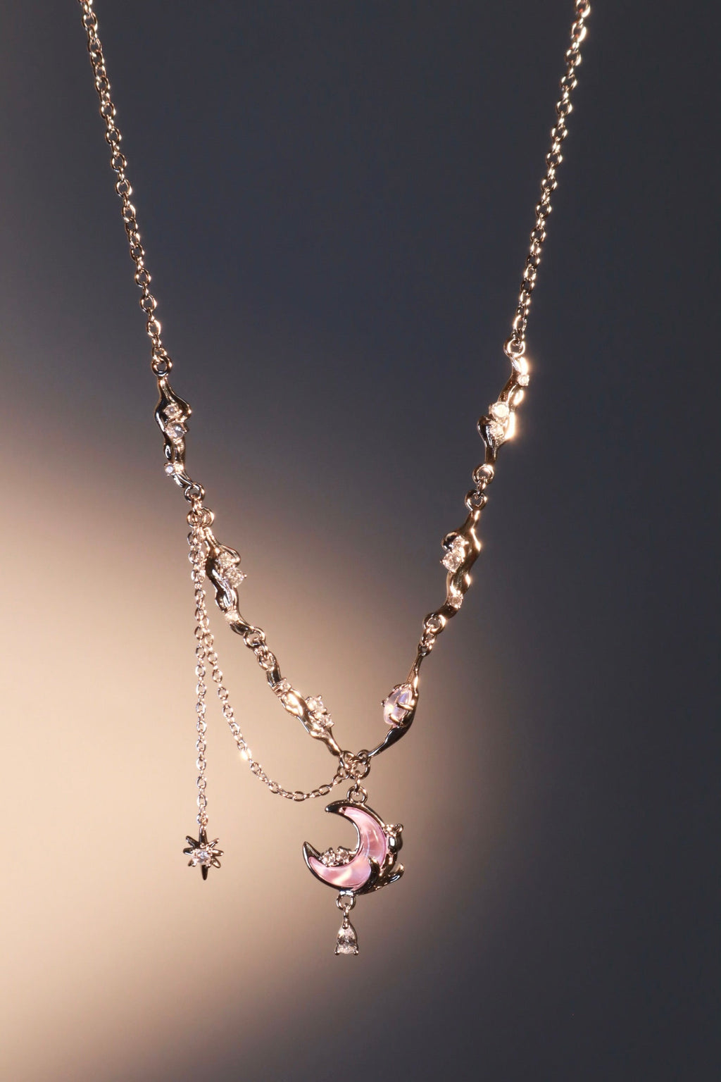 Palladium White Gold Plated Sparkle Rose Moon Necklace