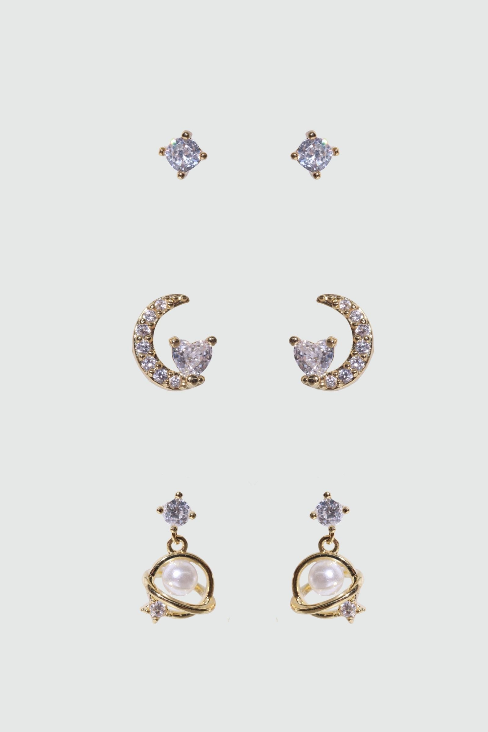 6 Pcs Saturn Pearl + Moon Earrings Bundle