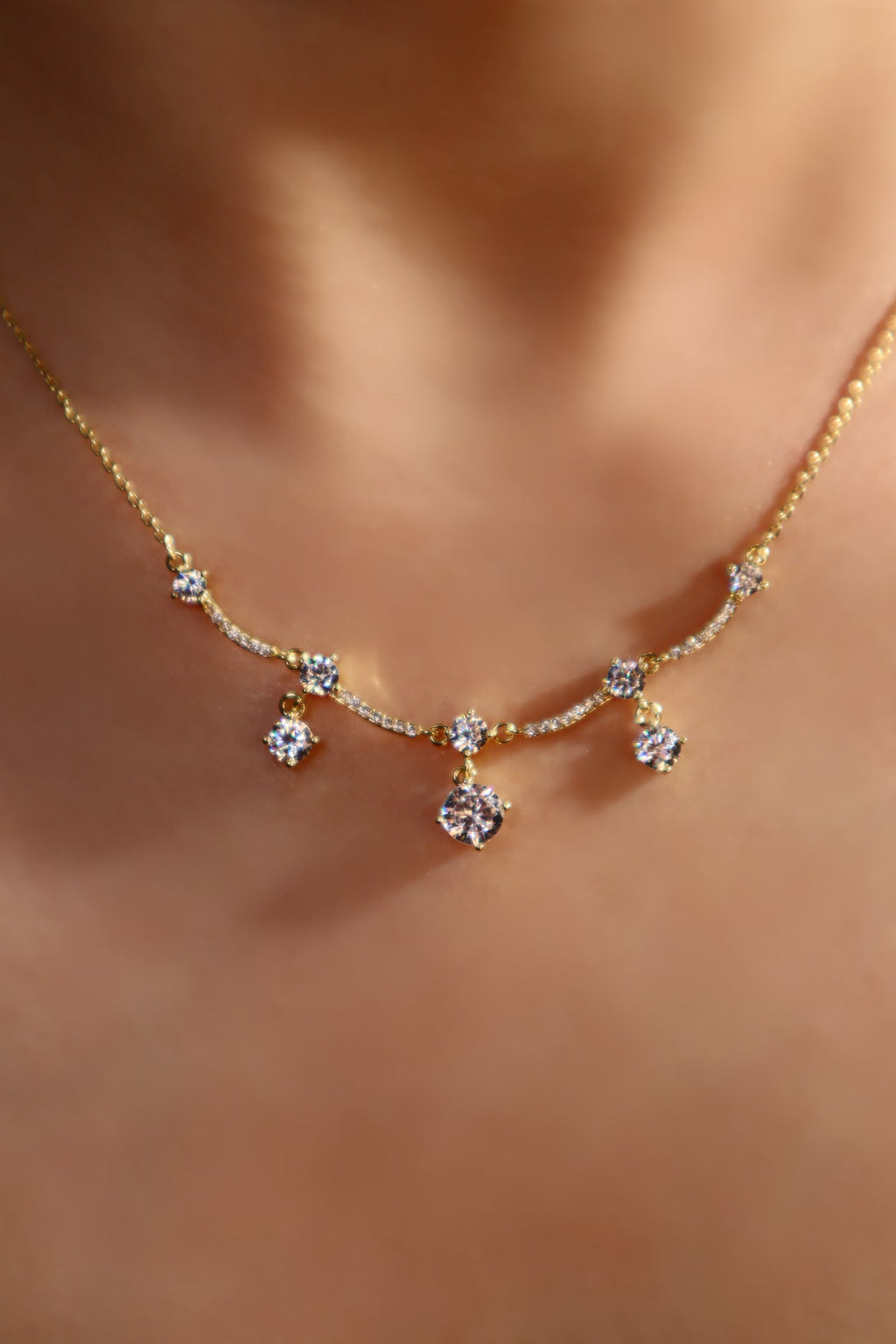 14K Real Gold Plated Curved Diamond Wave Necklace