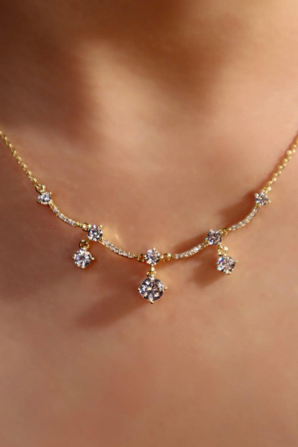 14K Real Gold Plated Curved Diamond Wave Necklace