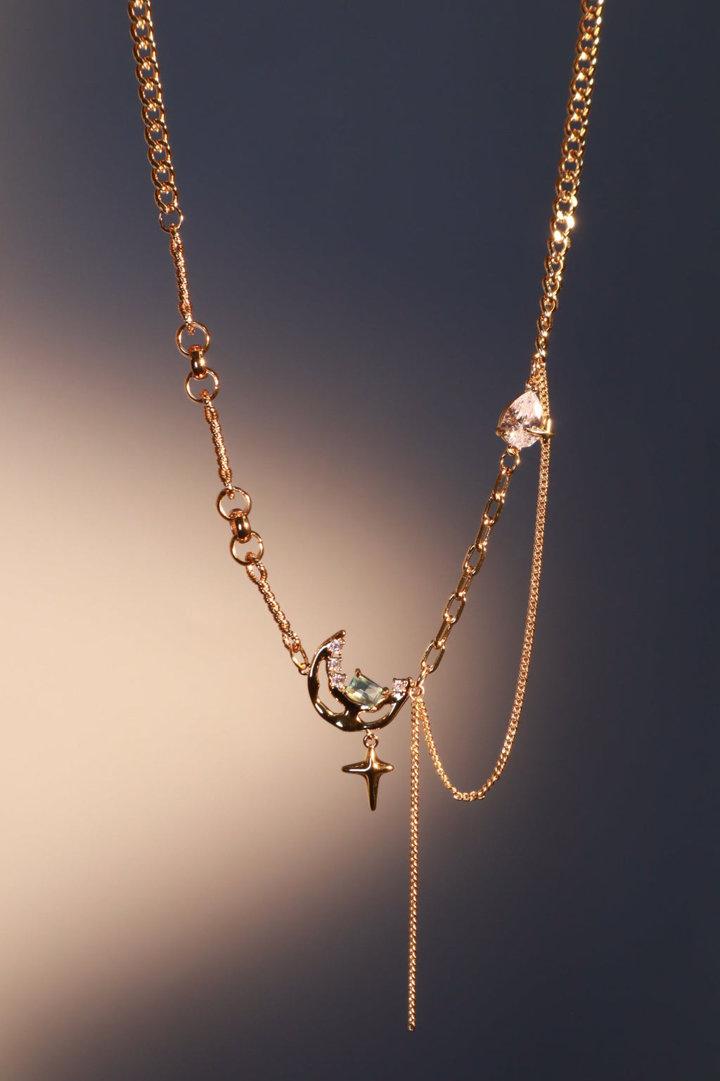 18K Real Gold Plated Blue Gem Moon Star Necklace