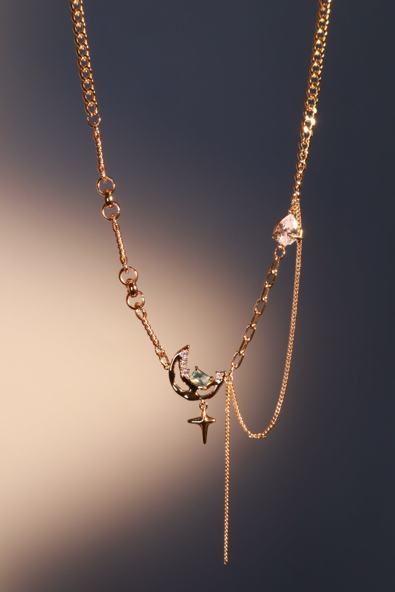 18K Real Gold Plated Blue Gem Moon Star Necklace