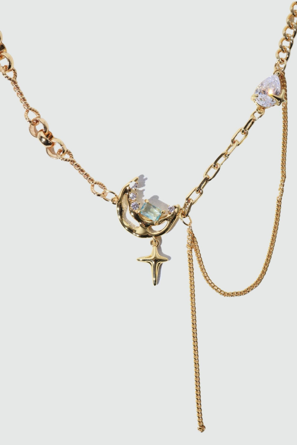 18K Real Gold Plated Blue Gem Moon Star Necklace