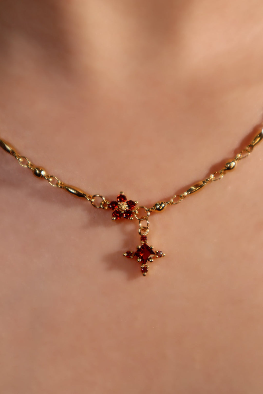 18K Real Gold Plated Ruby Starlight Cross Necklace