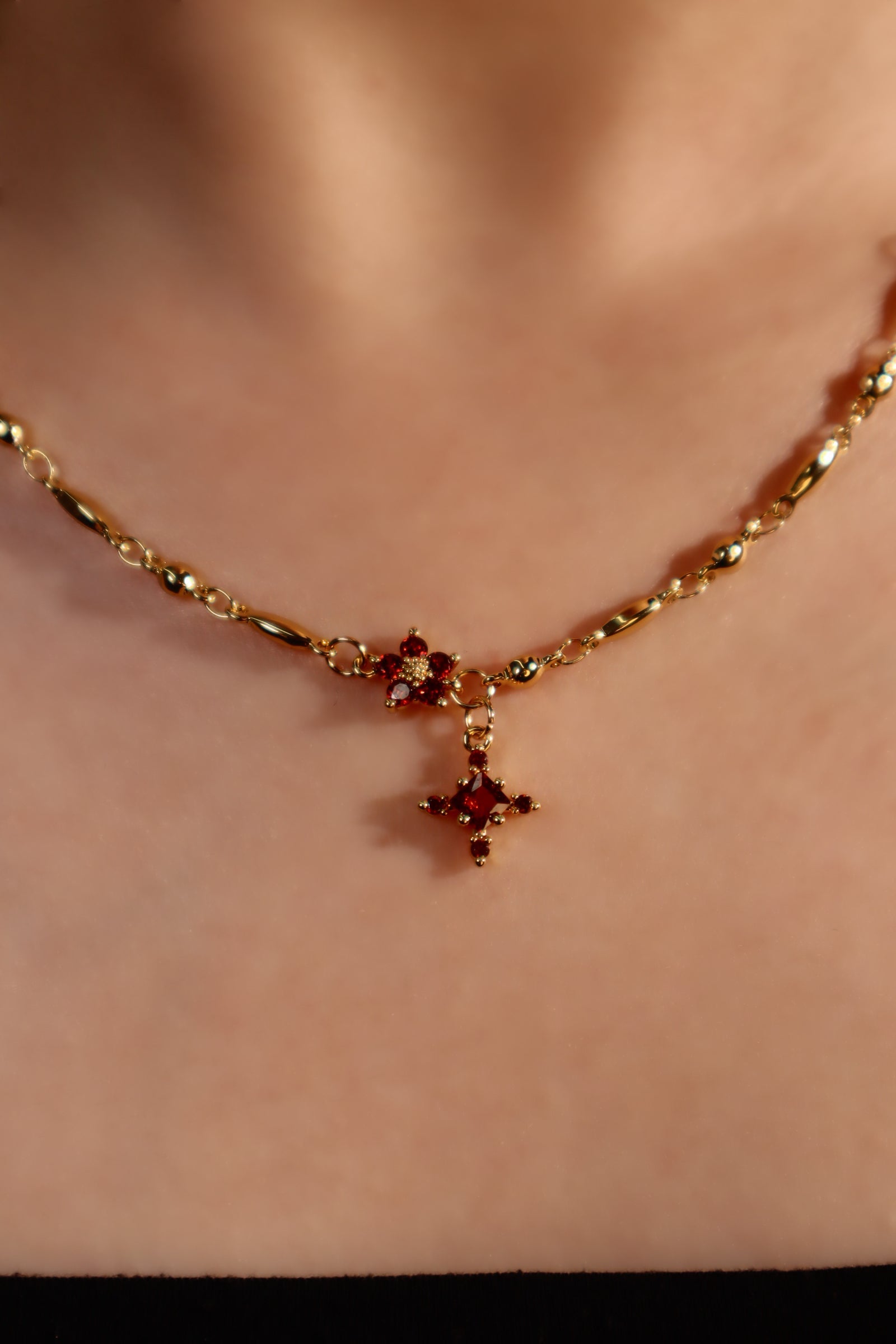 18K Real Gold Plated Ruby Starlight Cross Necklace