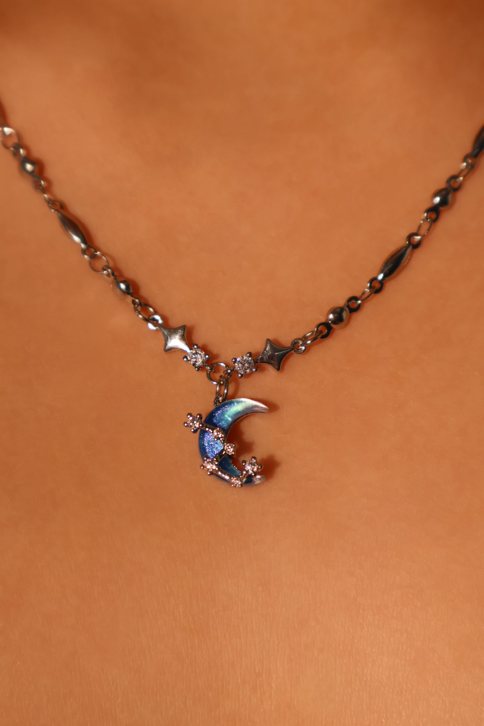 Palladium White Gold Plated Moonstone Moon Star Necklace