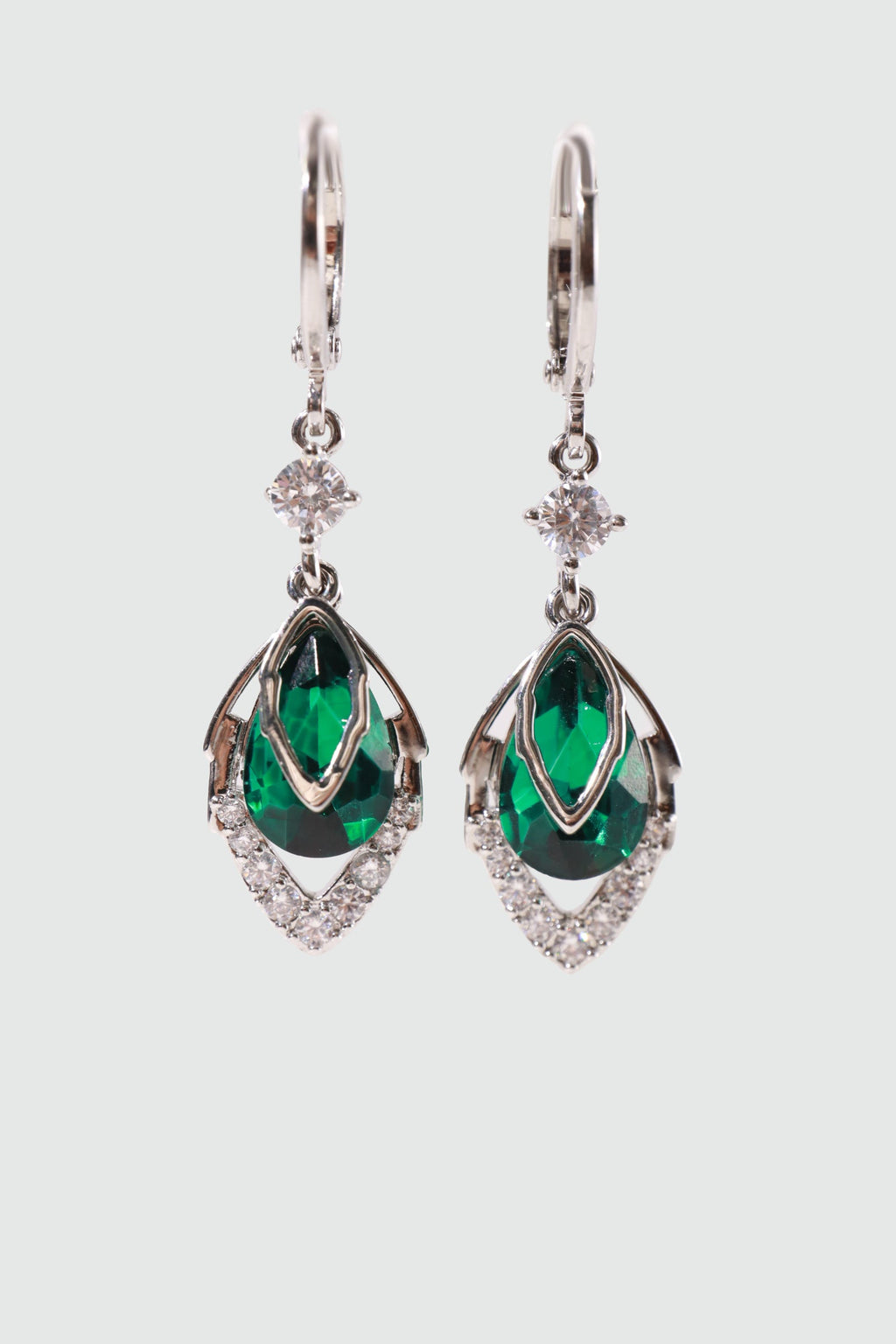 Palladium White Gold Plated Green Gem Droplet Earrings