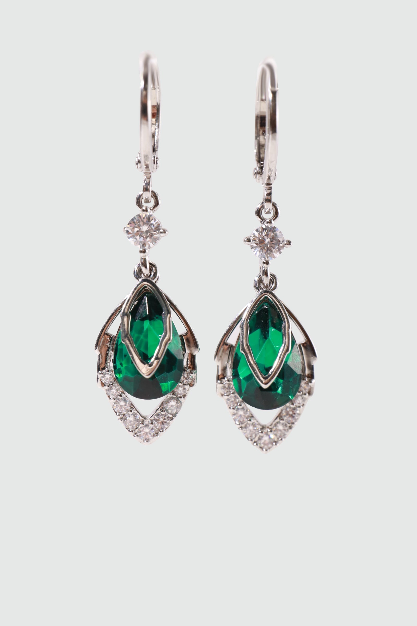 Palladium White Gold Plated Green Gem Droplet Earrings