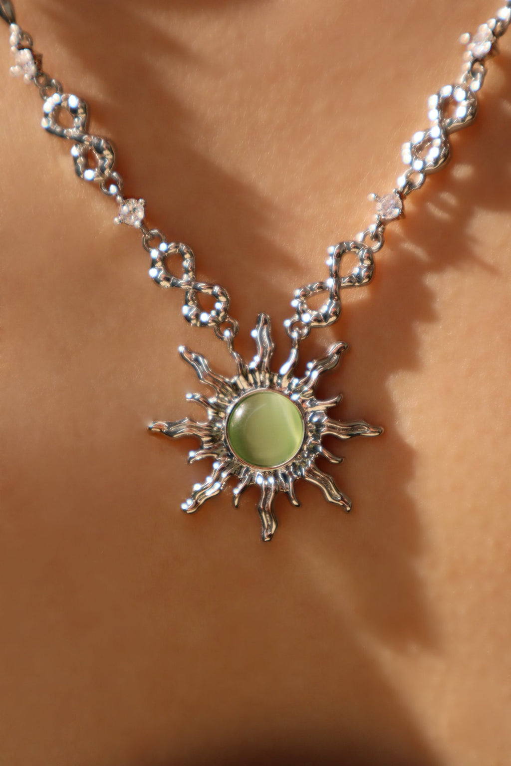 Palladium White Gold Plated Green Opal Sun Necklace