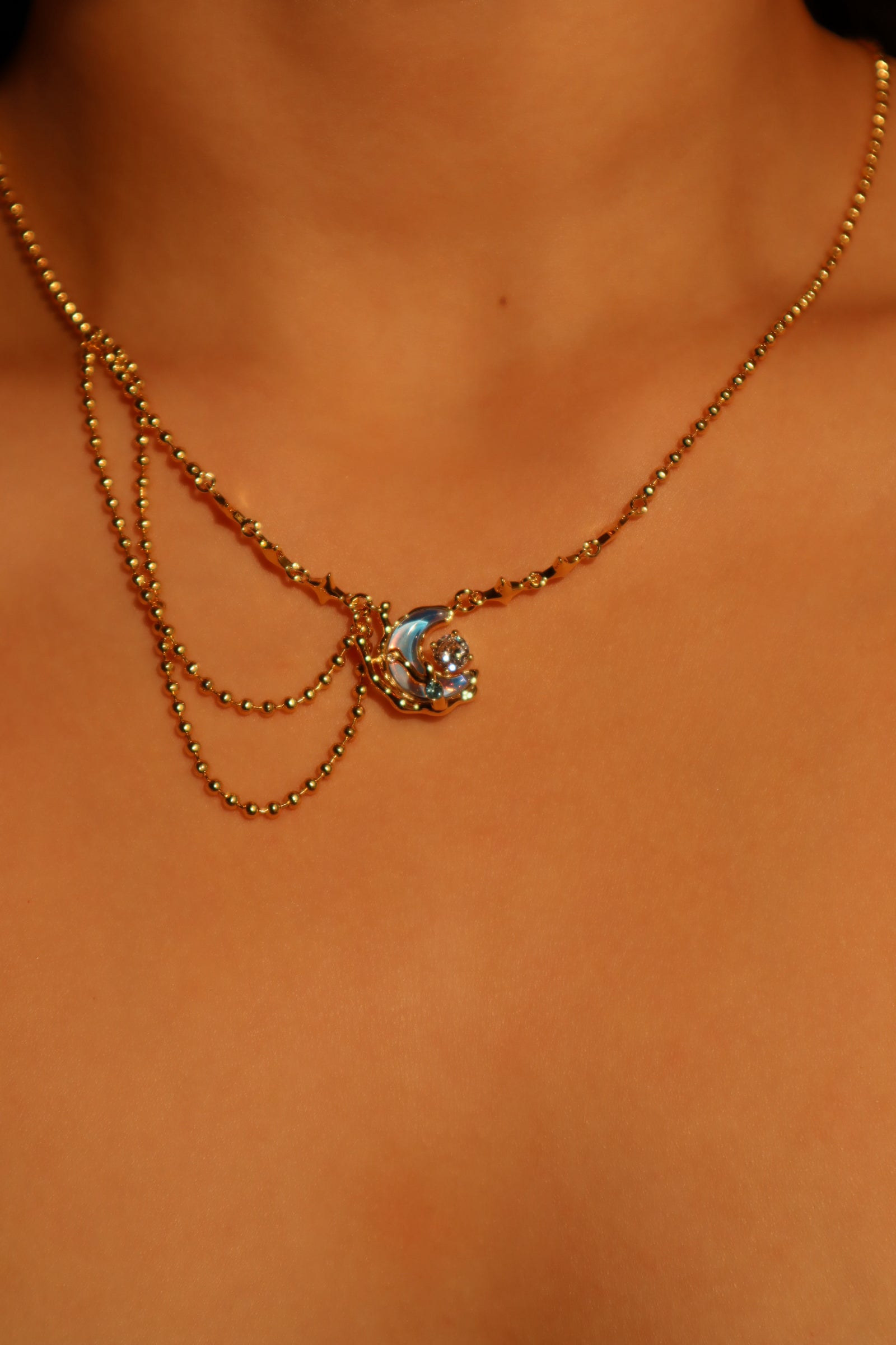 18K Real Gold Plated Diamond Moonstone Moon Necklace