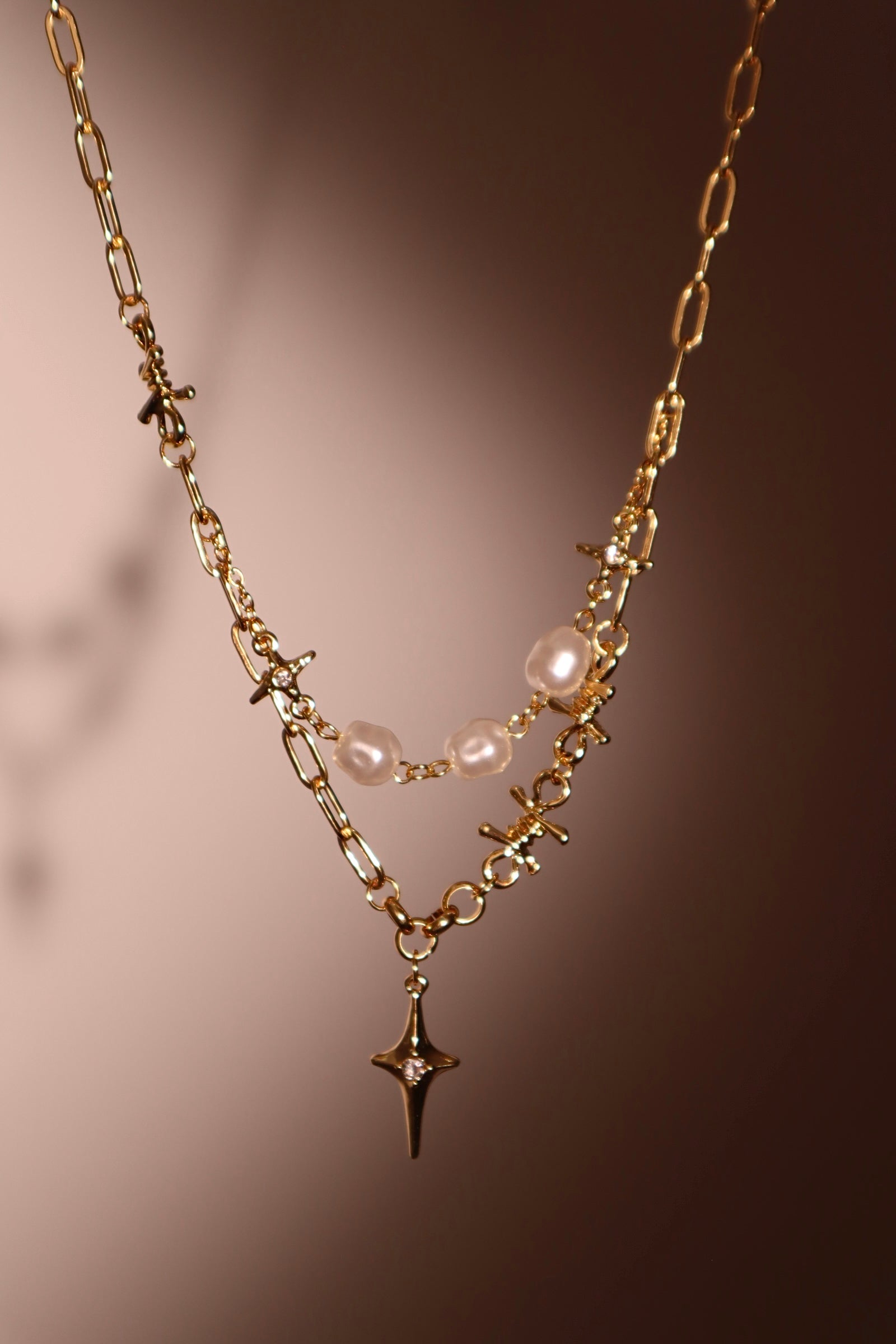 18K Real Gold Plated Double Layer Star Pearls Necklace