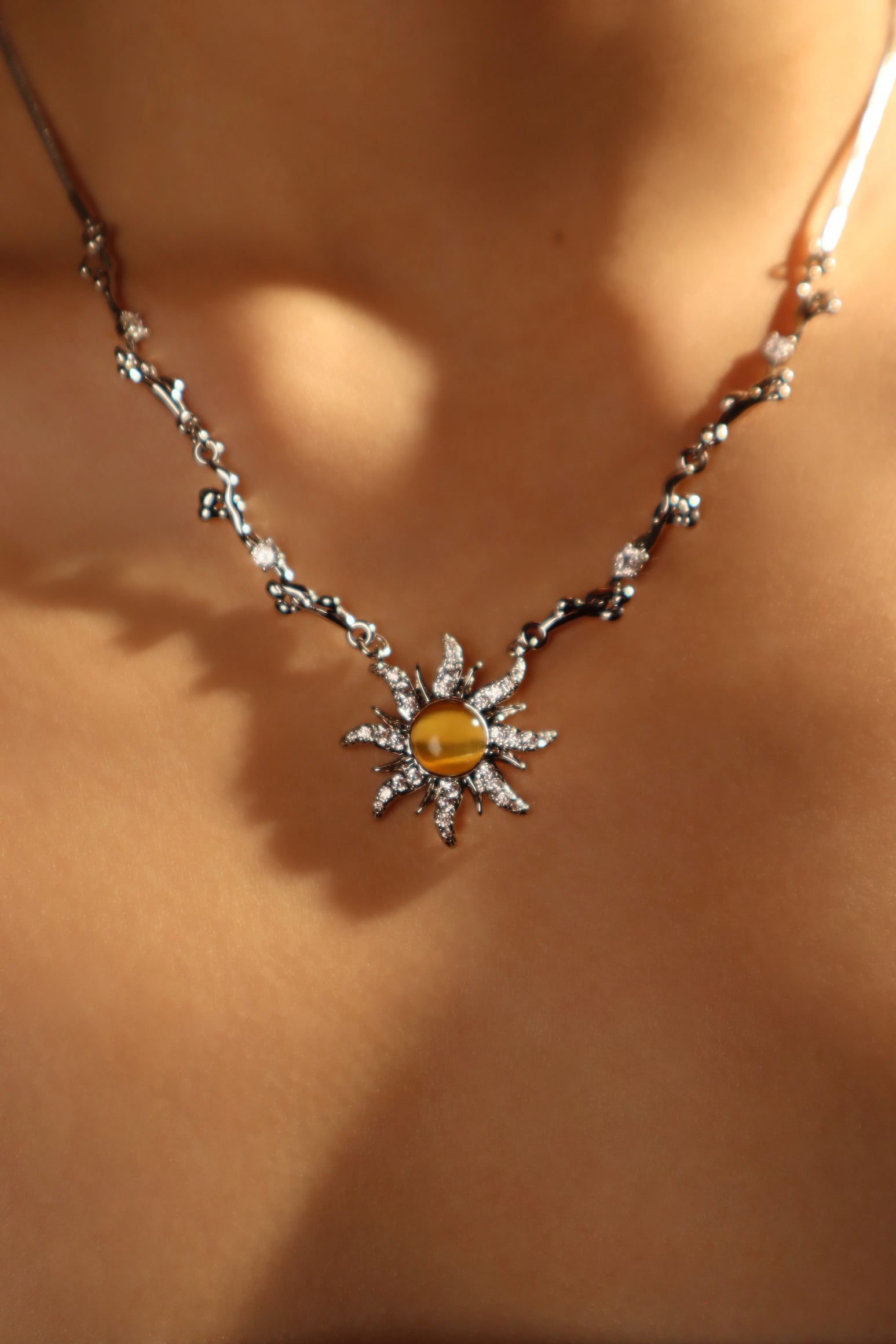 Palladium White Gold Plated Orange Opal Sun Necklace