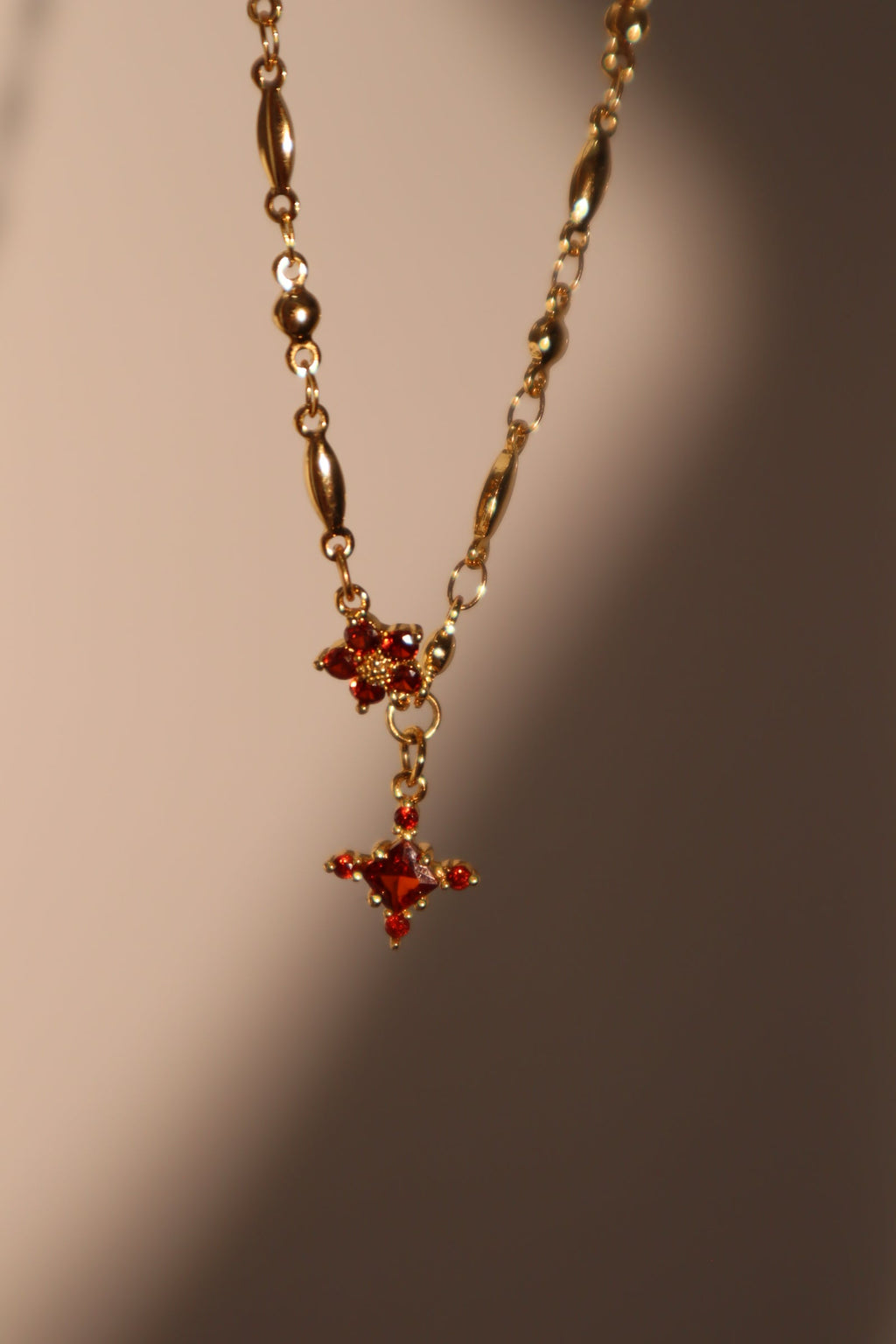 18K Real Gold Plated Garnet Starlight Cross Necklace