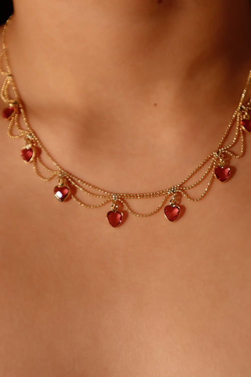 14K Real Gold Plated Double Layer Pink Heart Necklace