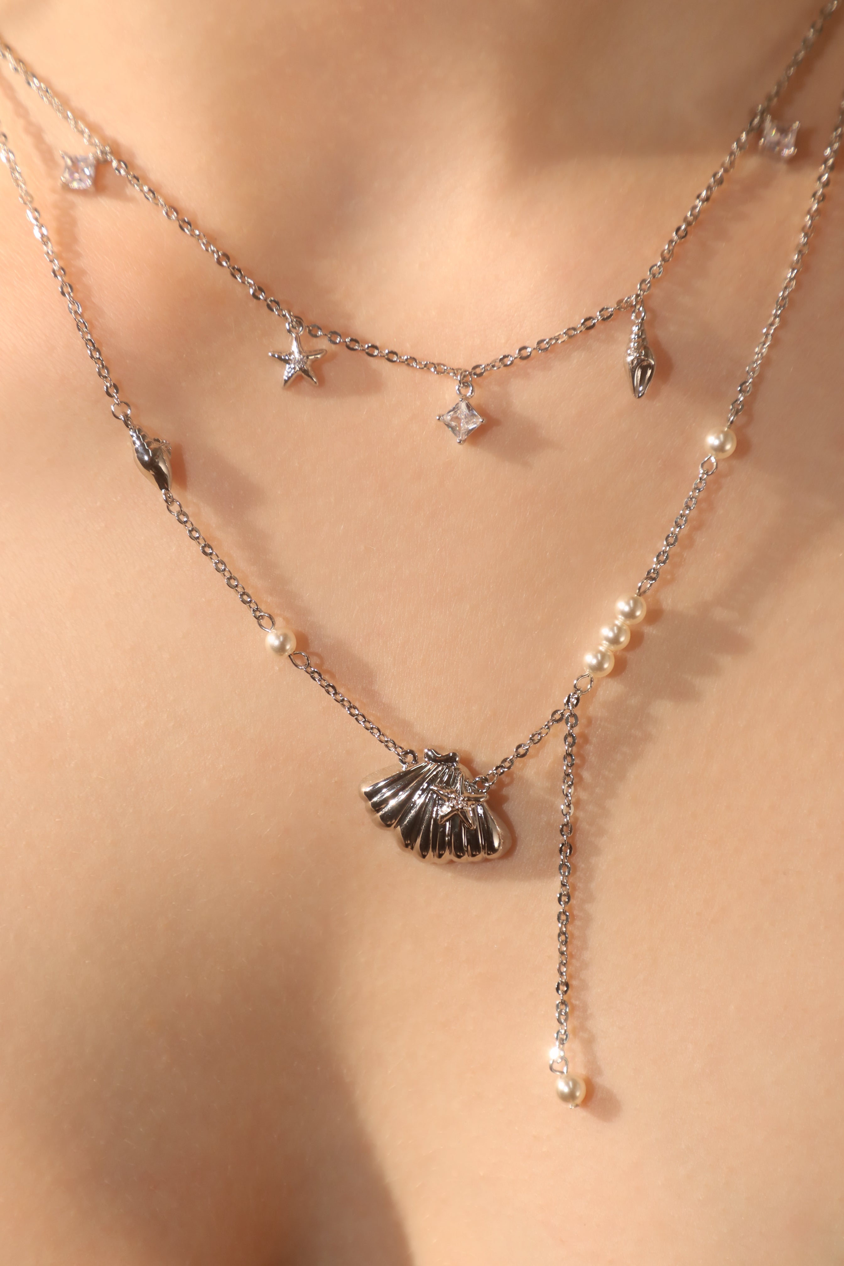 Palladium White Gold Plated Shell Starfish Pearls Layer Necklace
