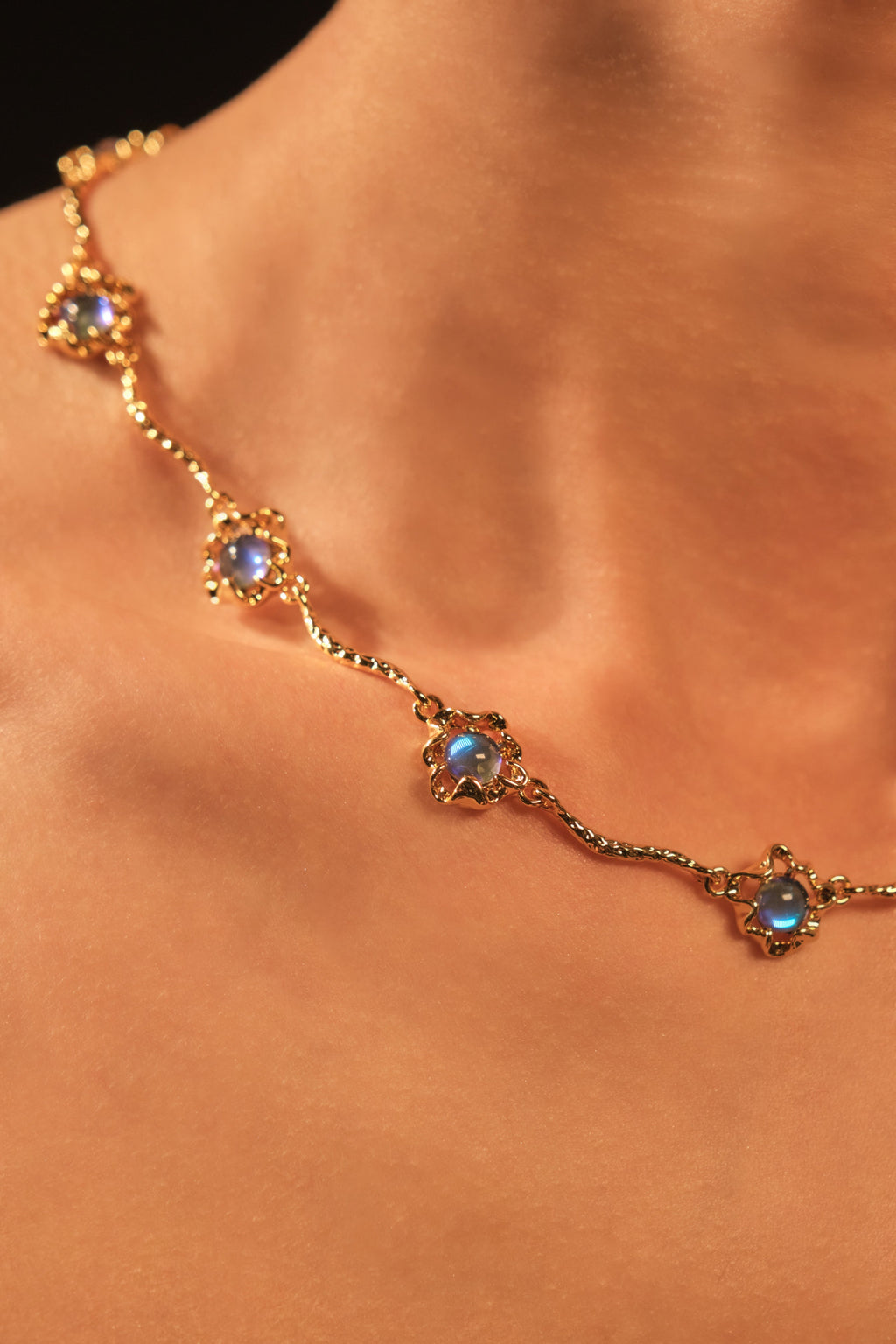18K Real Gold Plated Multi Deep Blue Moonstones Necklace