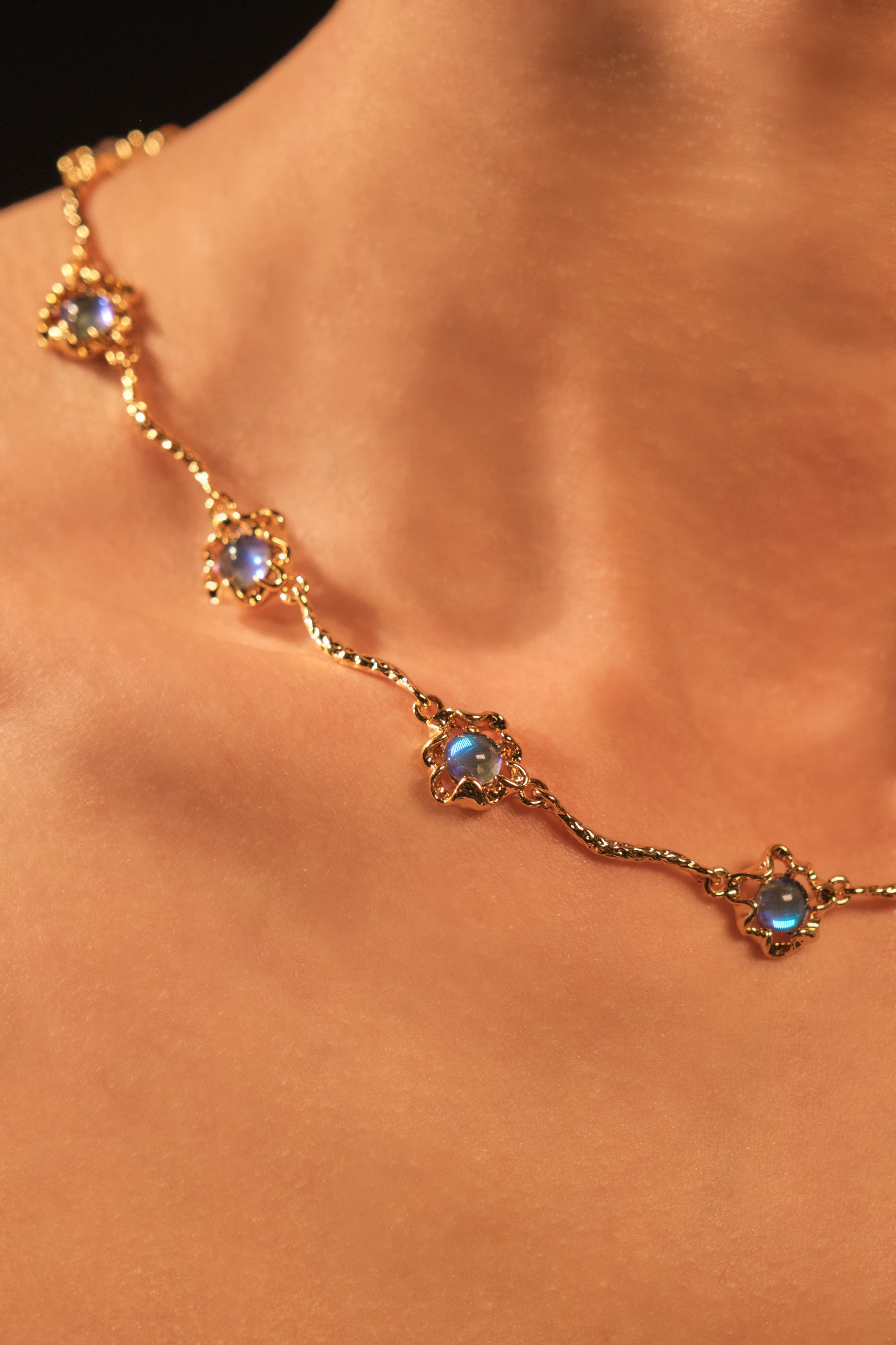 18K Real Gold Plated Multi Deep Blue Moonstones Necklace