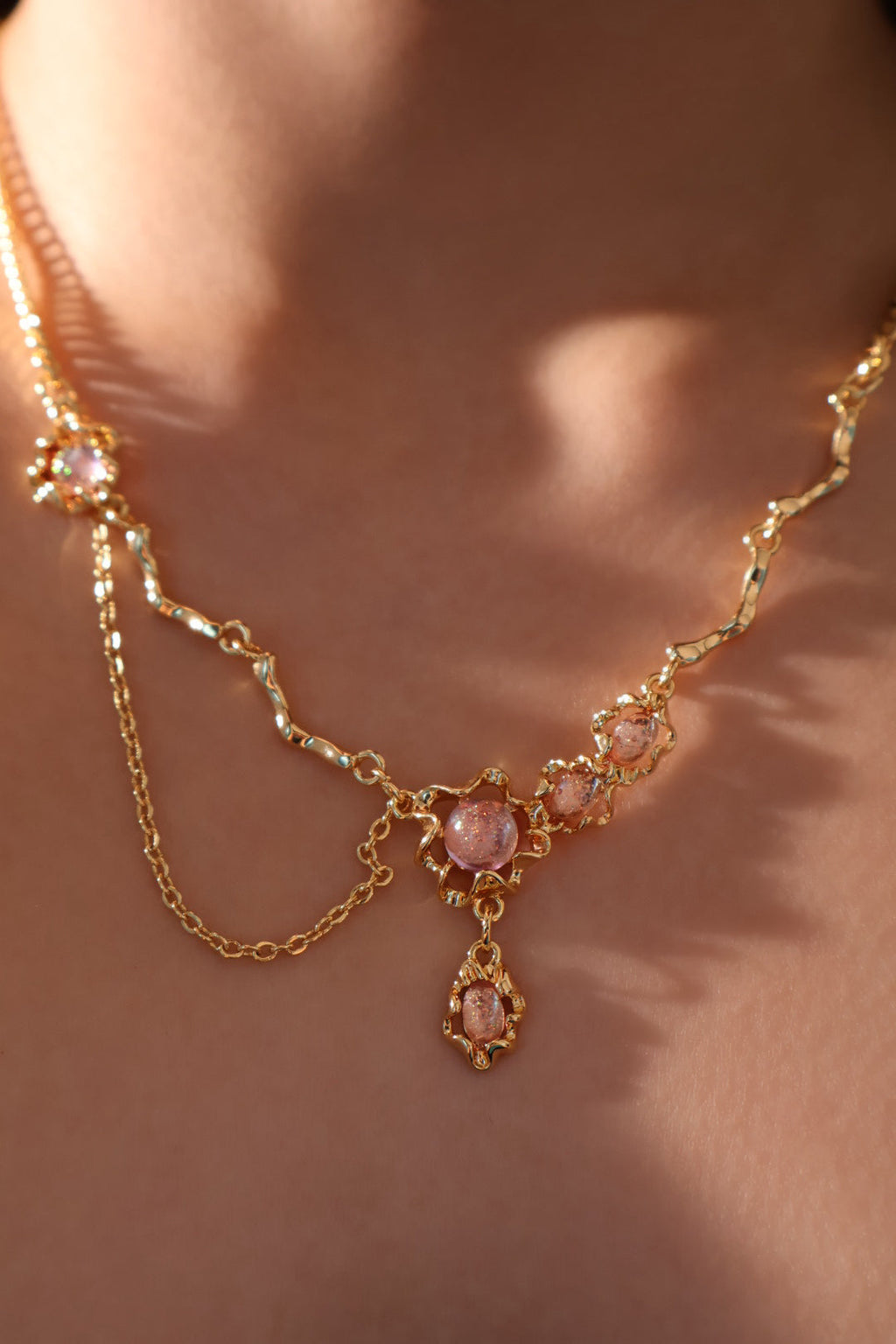 18K Real Gold Plated Pink Lavender Gem Dangle Necklace