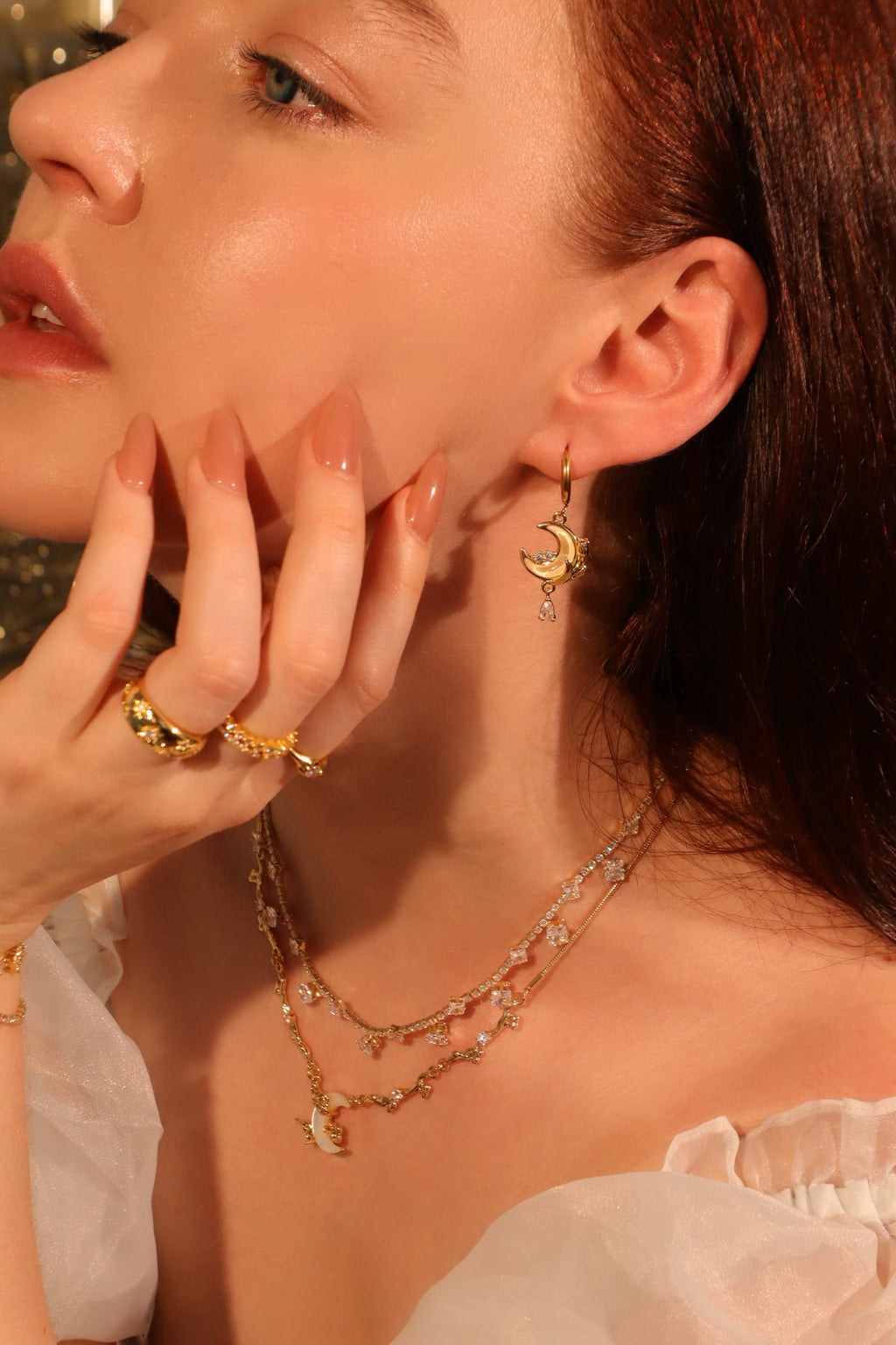 18K Real Gold Plated White Rose Moon Earrings
