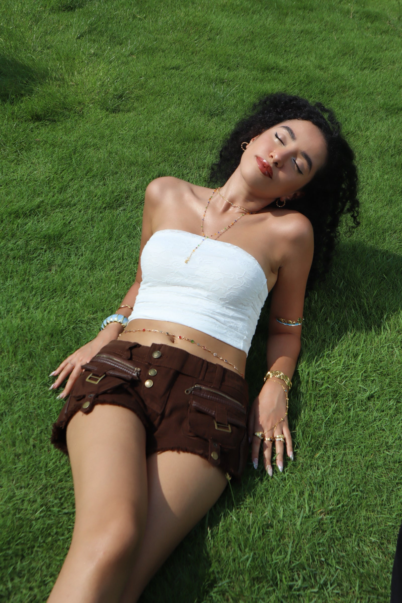 Gold Plated Color Gem Layering Long Necklace (Waist Chain)