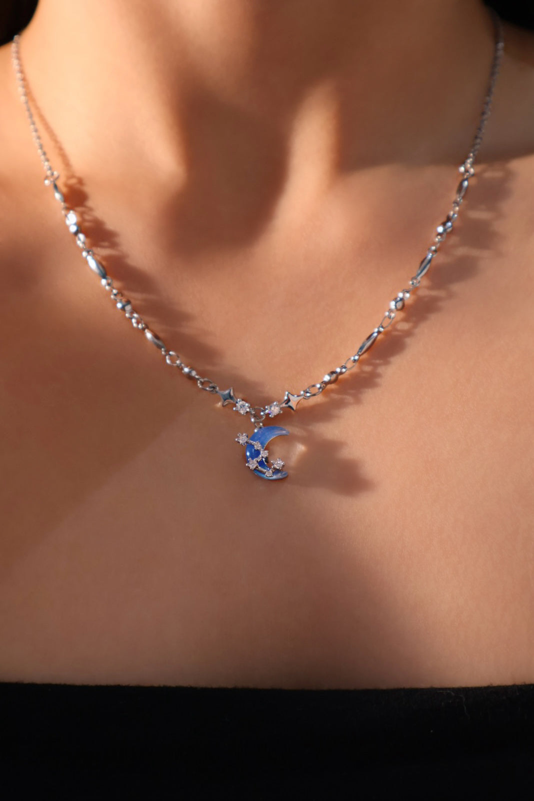 Palladium White Gold Plated Moonstone Moon Star Necklace