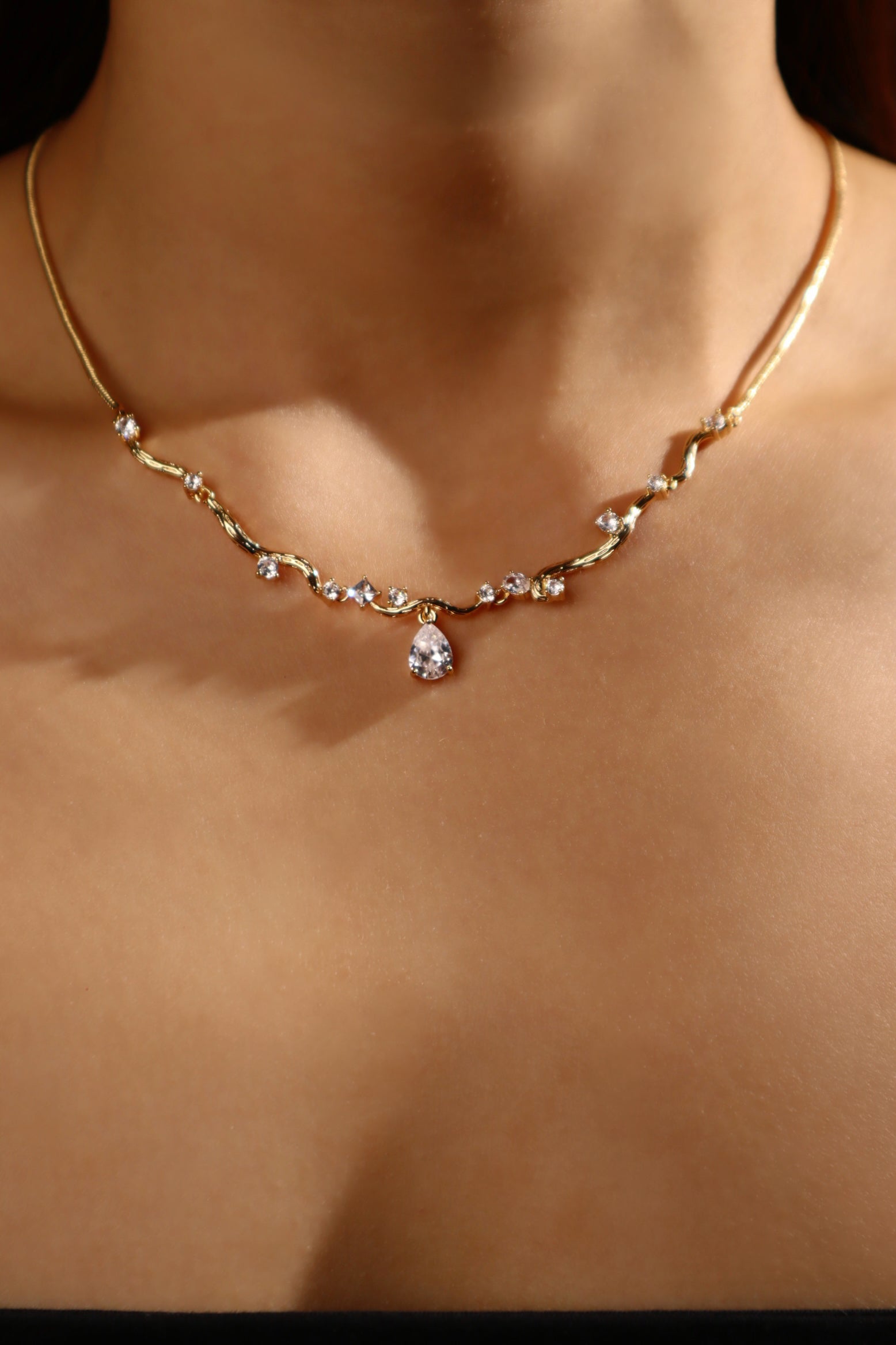 18K Real Gold Plated Diamond Spiral Drop Necklace
